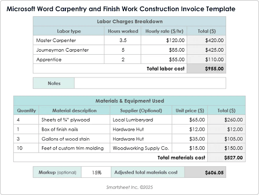 Microsoft Word Carpentry and Finish Work Construction Invoice Template
