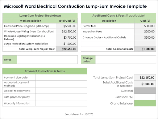 Microsoft Word Electrical Construction Lump Sum Invoice Template