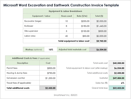 Microsoft Word Excavation and Earthwork Construction Invoice Template