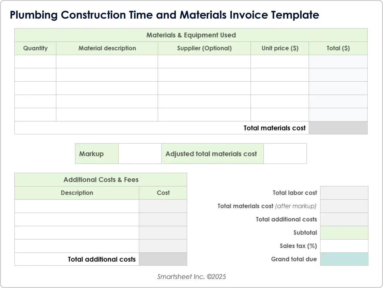 Plumbing Construction Time and Materials Invoice Template