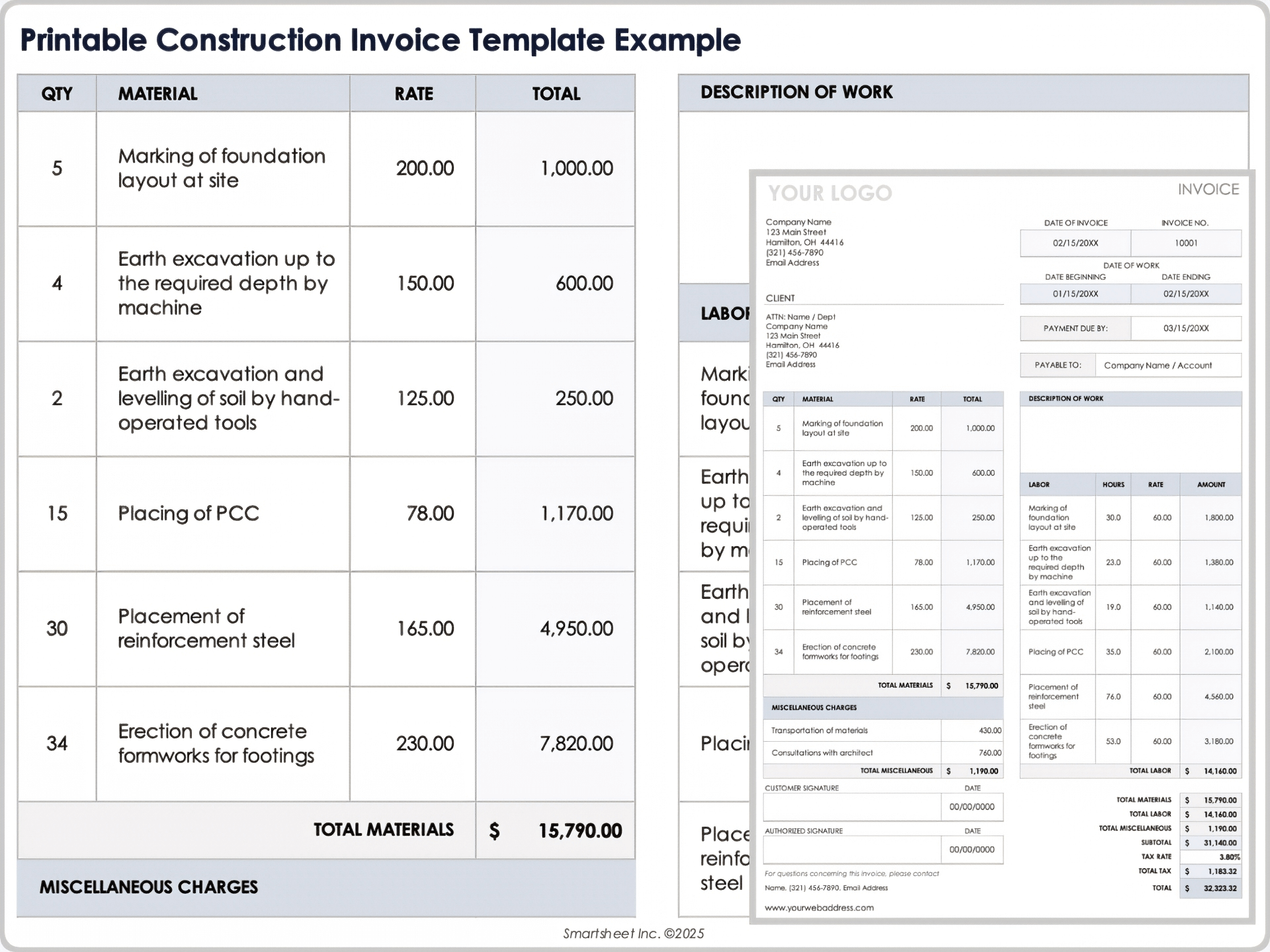 Printable Construction Invoice Template Example
