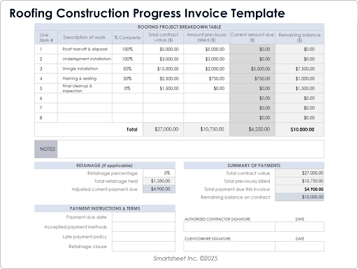 Roofing Construction Progress Invoice Template