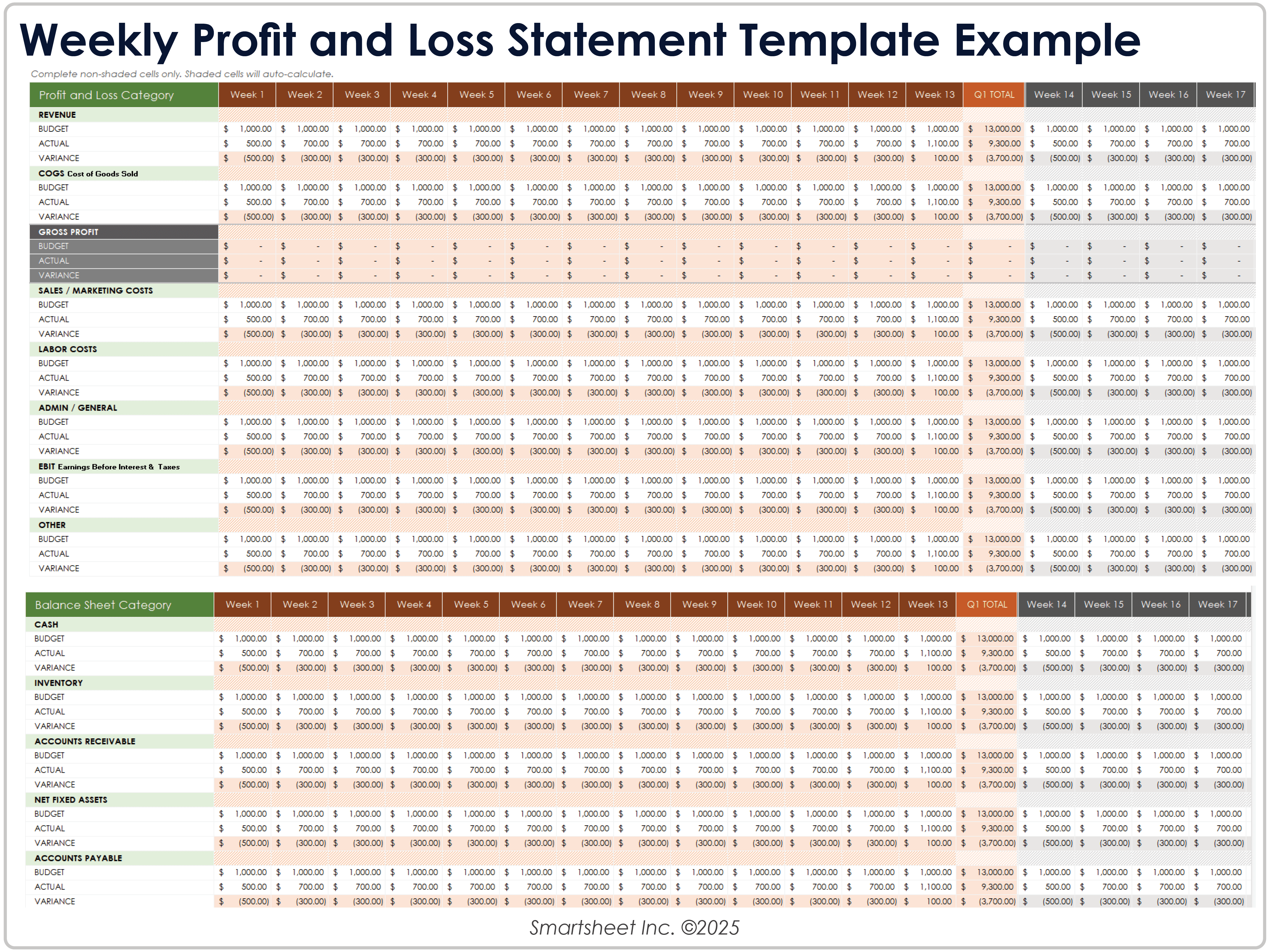 Weekly Profit and Loss Statement Template Example