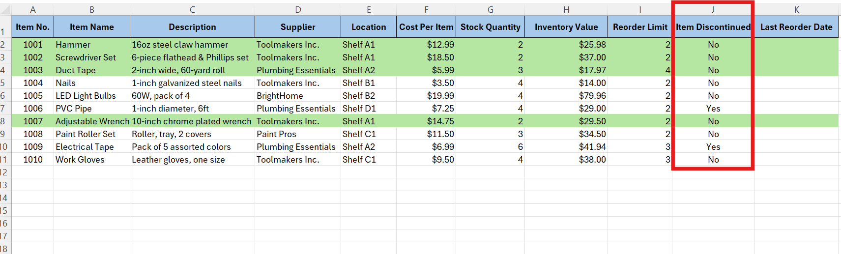 enter item discontinued data