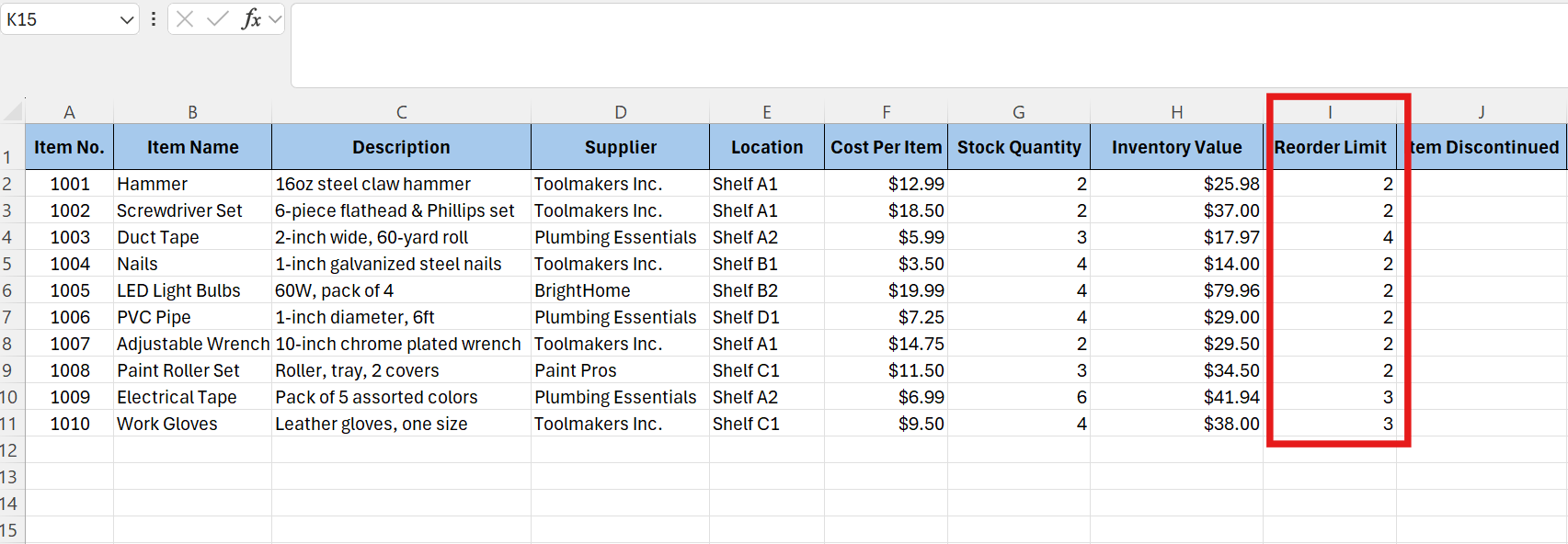 enter reorder limits