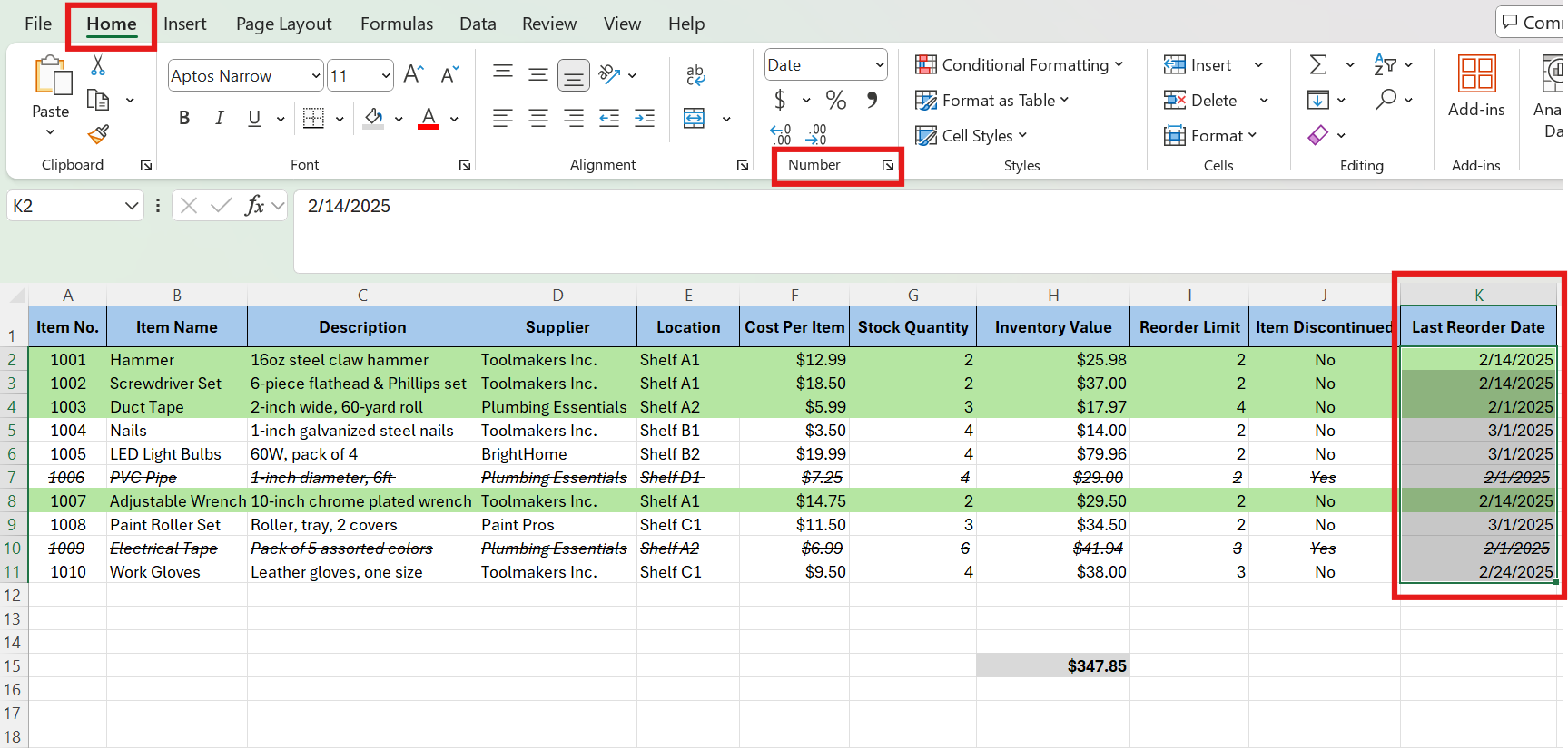format last reorder date column 1