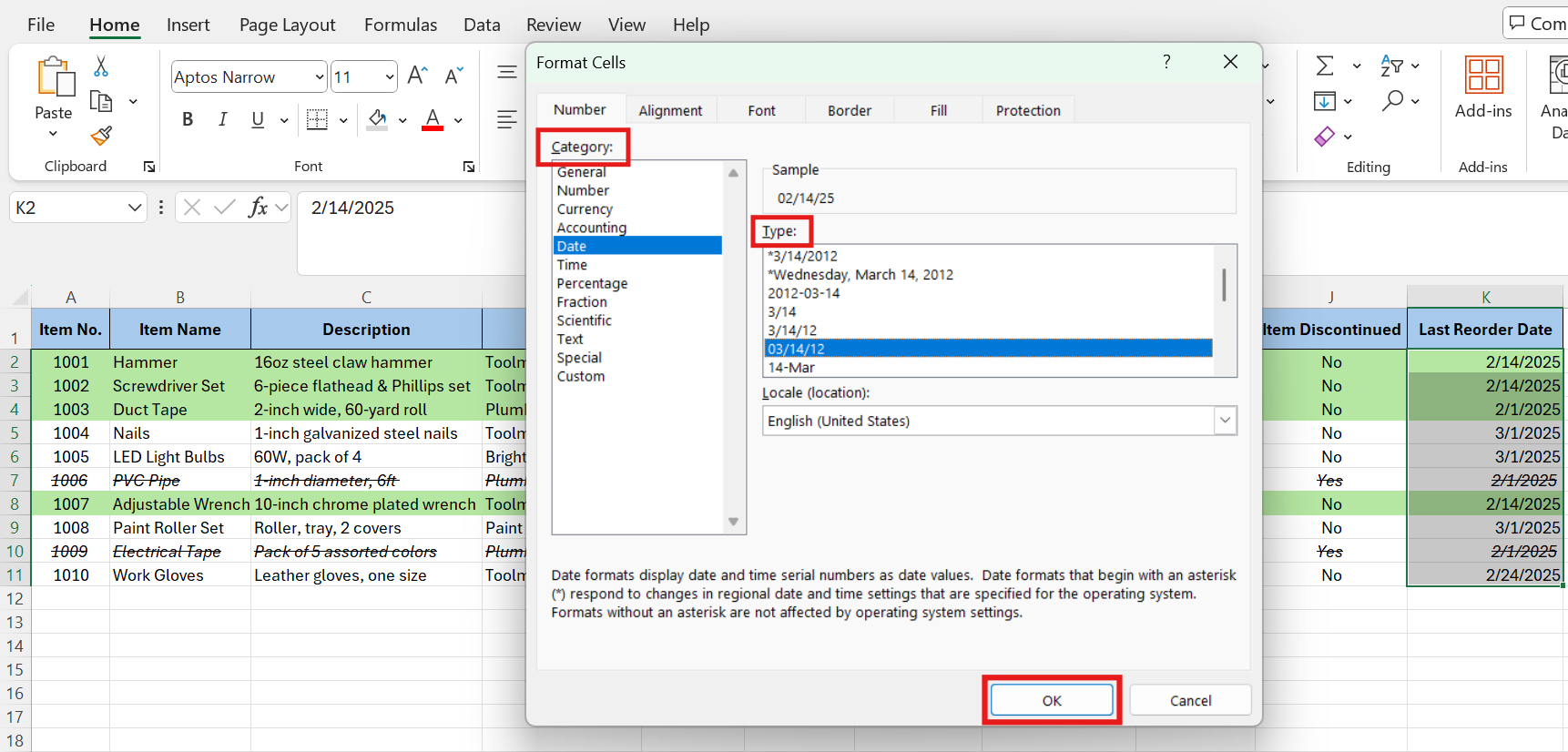 format last reorder date column 2