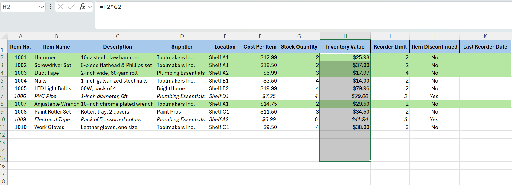 highlight inventory value column