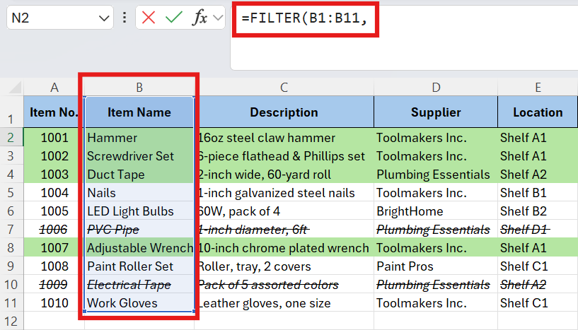 highlight item name column