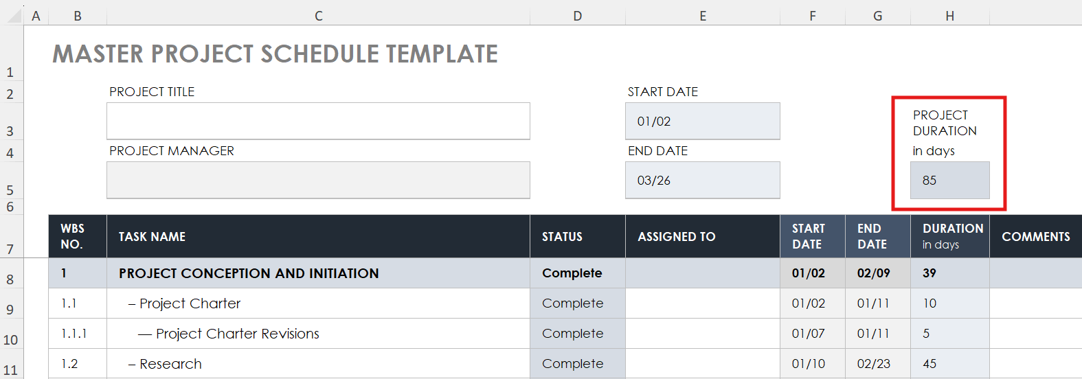 project duration auto populate template