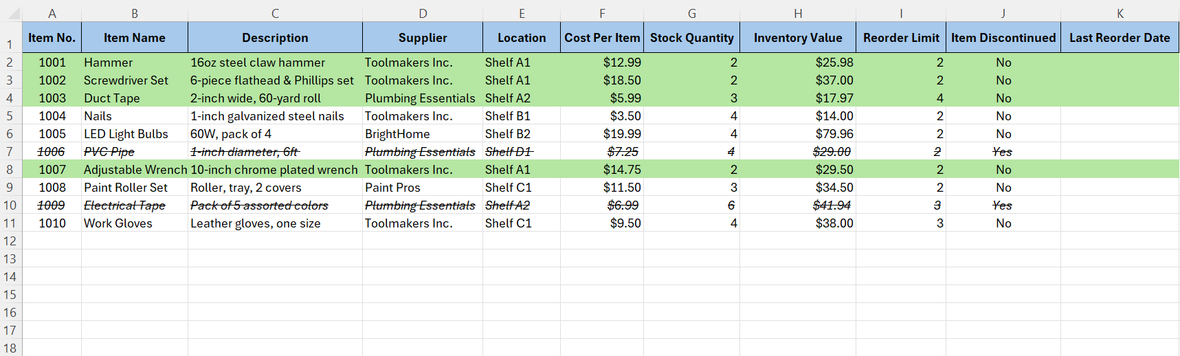 show item discontinued conditional formatting