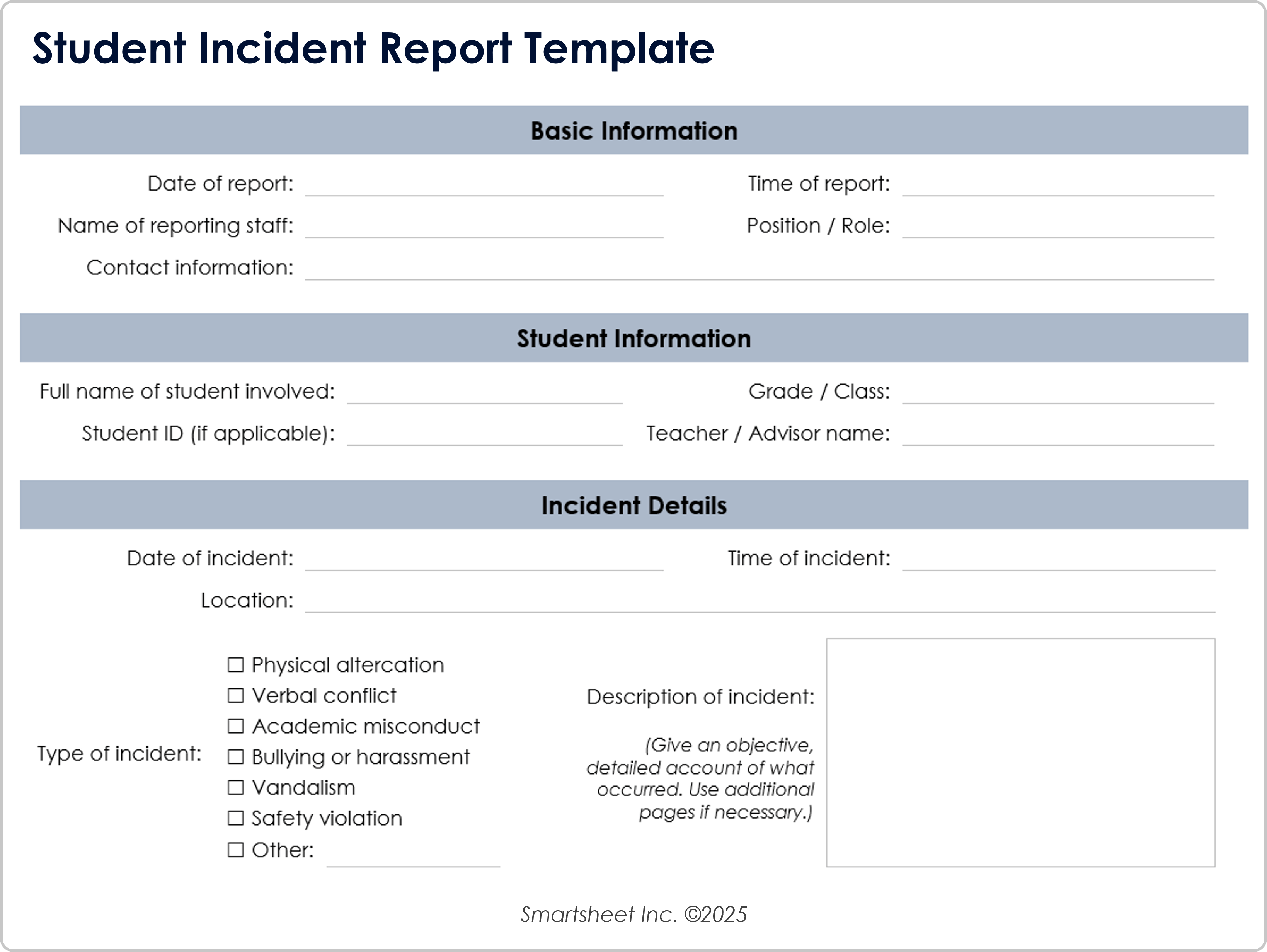 Student Incident Report Template