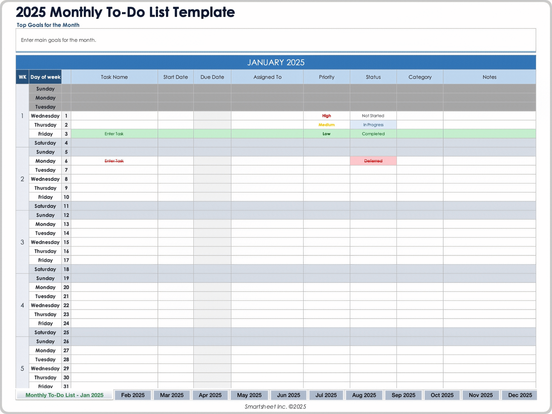 2025 Monthly To-Do List Template