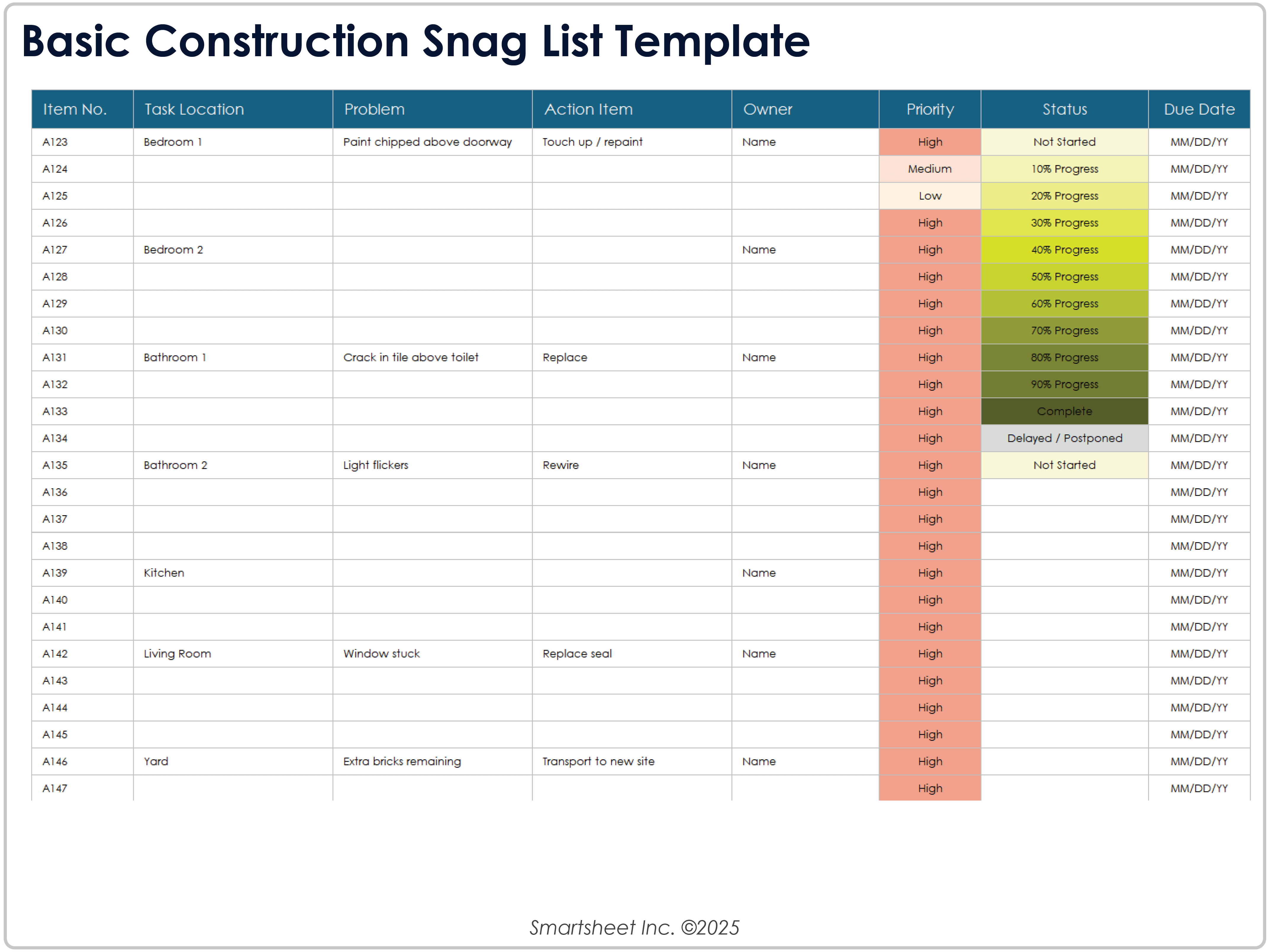 Basic Construction Snag List Template