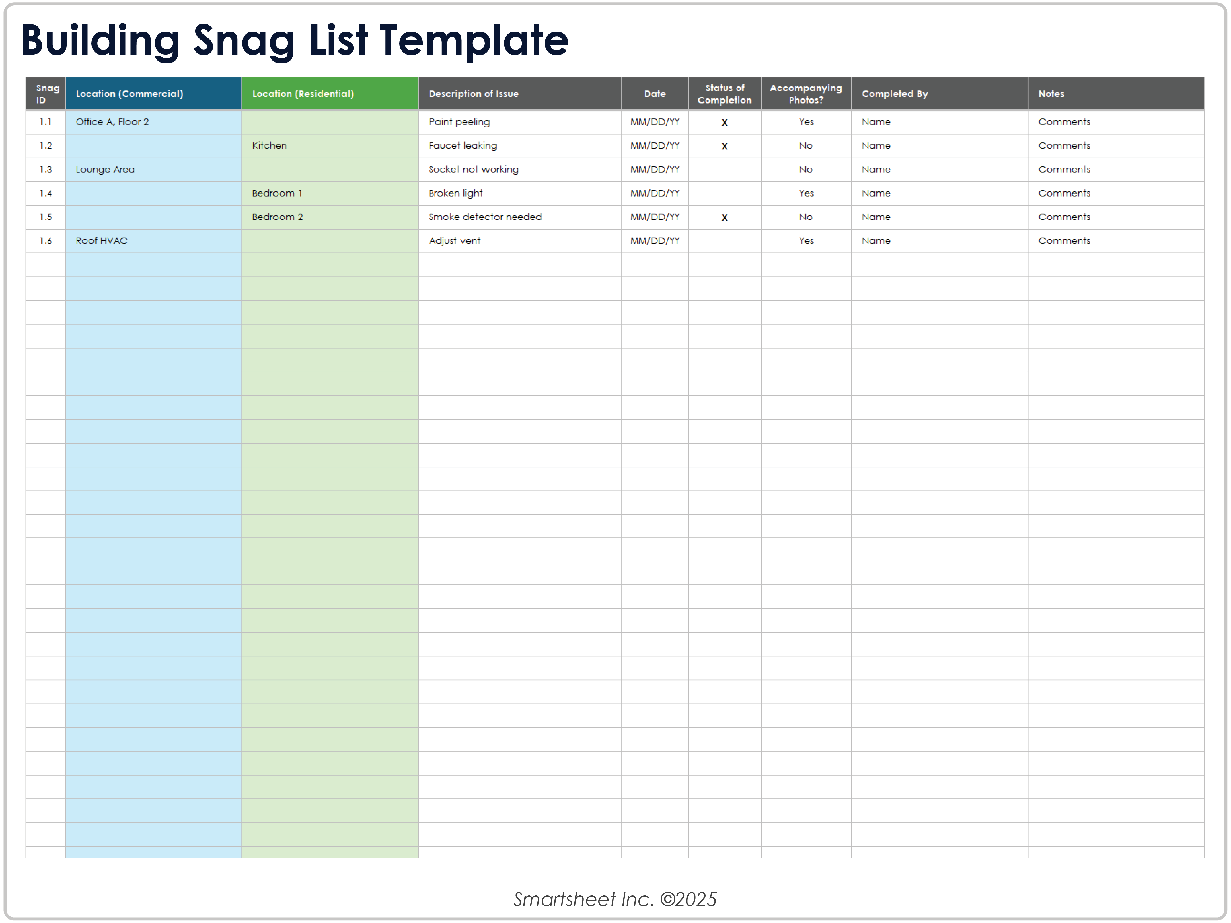 Building Snag List Template