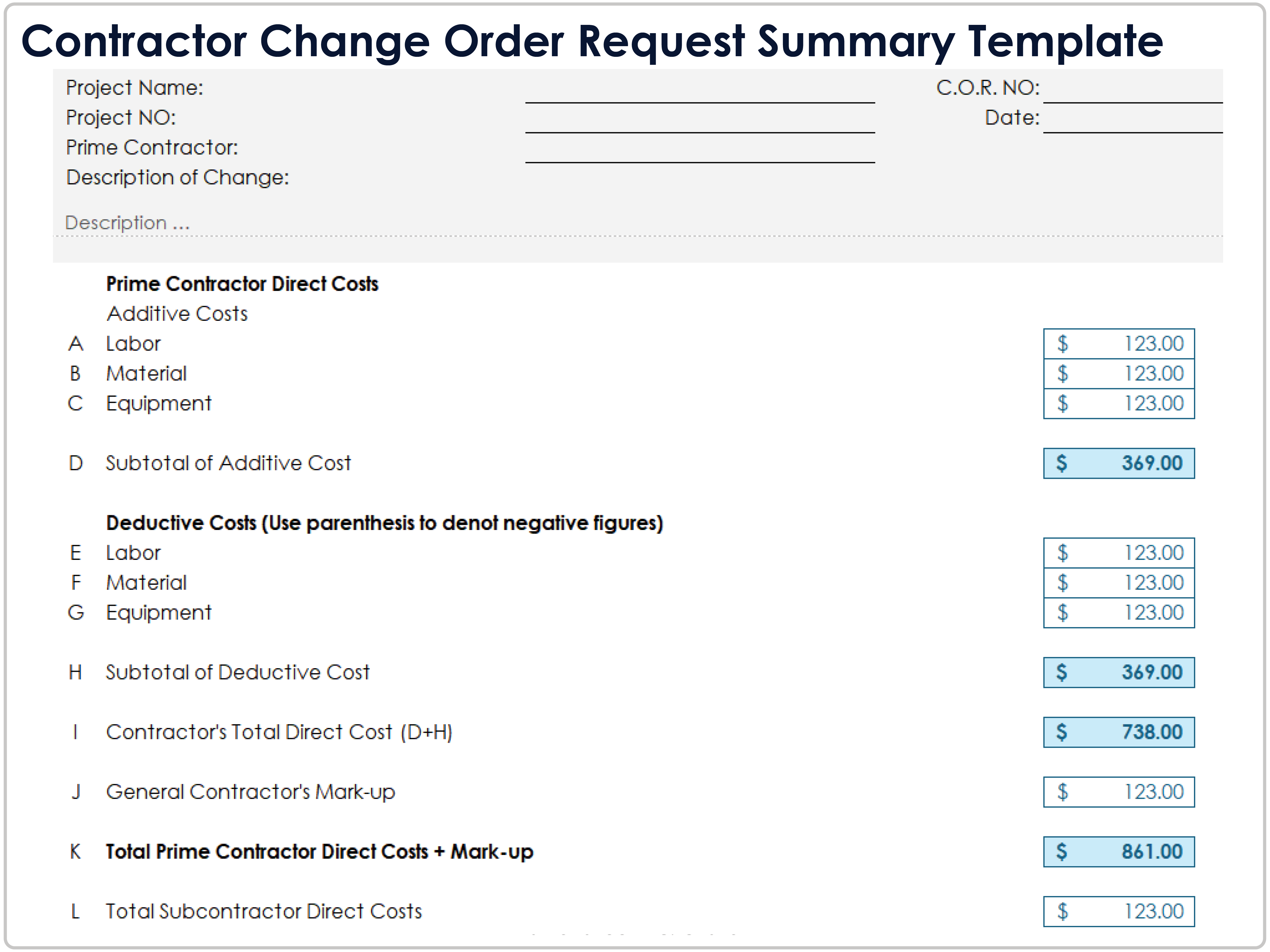 Change Order Request Summary Template