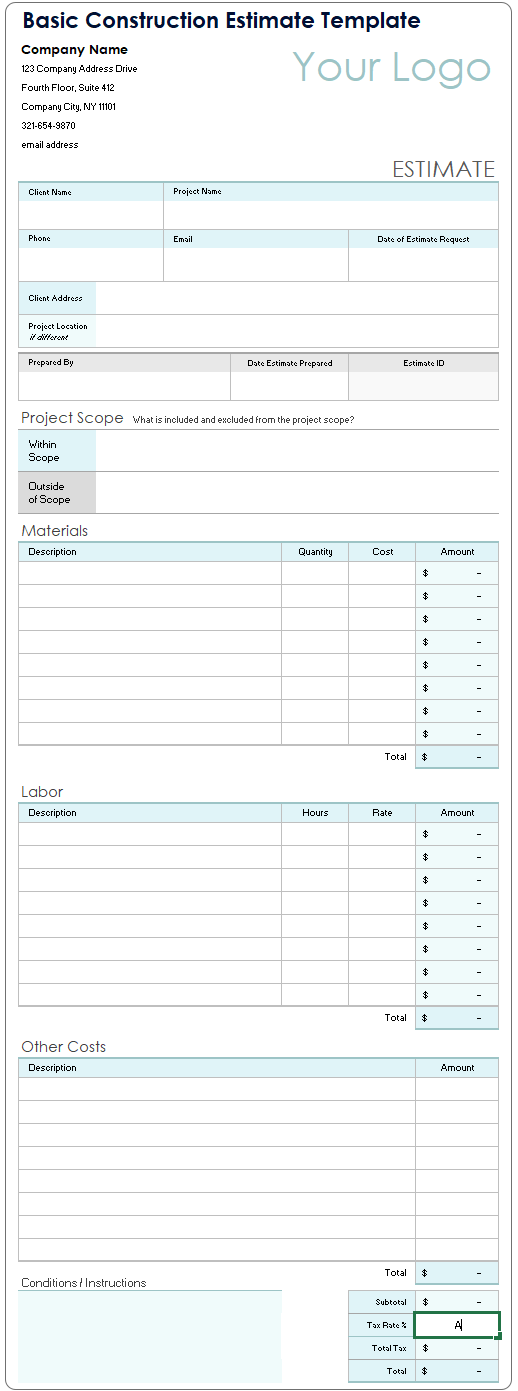 construction estimate example template Excel