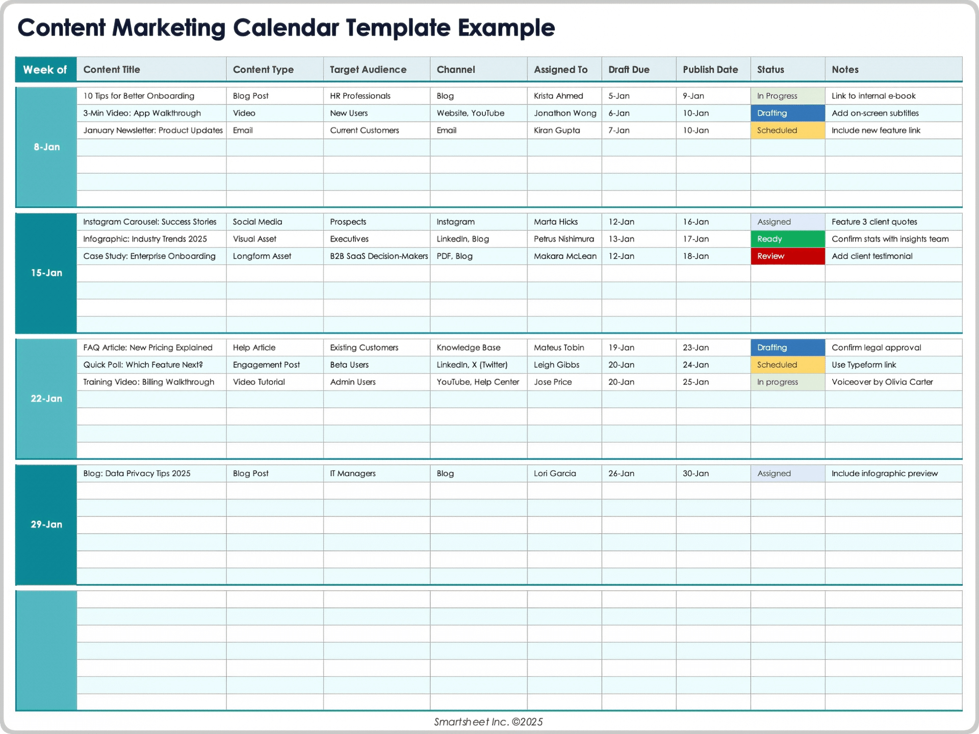 Content Marketing Calendar Template Example