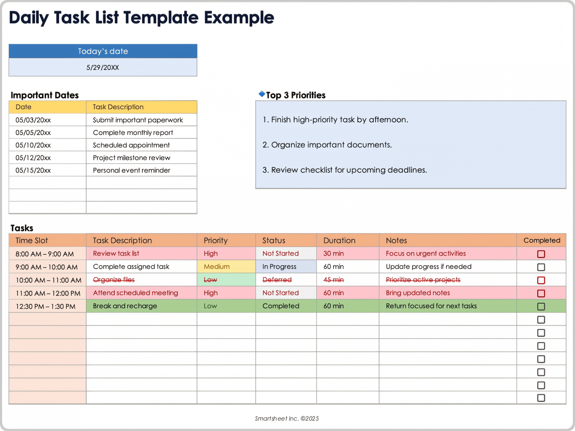 Daily Task List Template Example