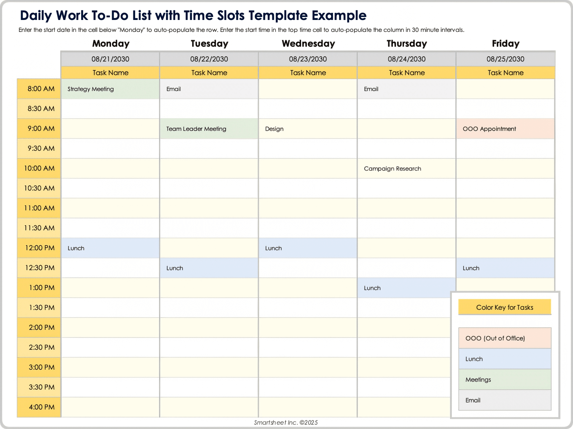 Daily Work To-Do List with Time Slots Template Example
