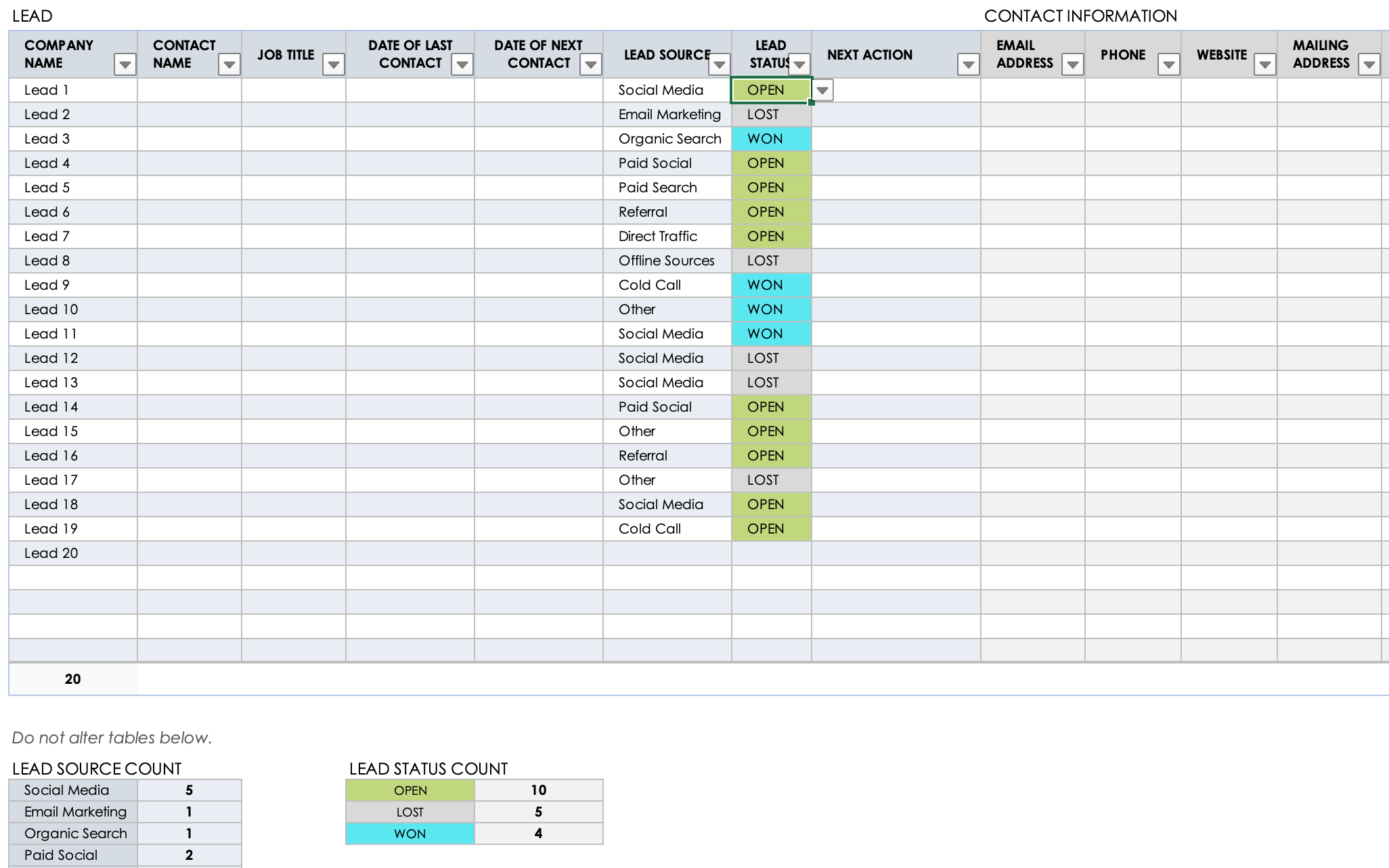 Excel CRM Leads Tab