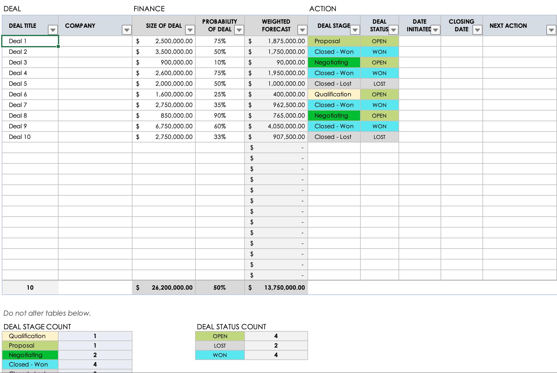 Excel CRM Opportunities Tab