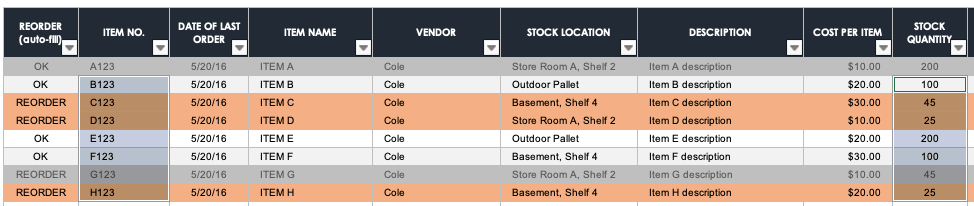 Excel Inventory Stock Control Template Select Columns