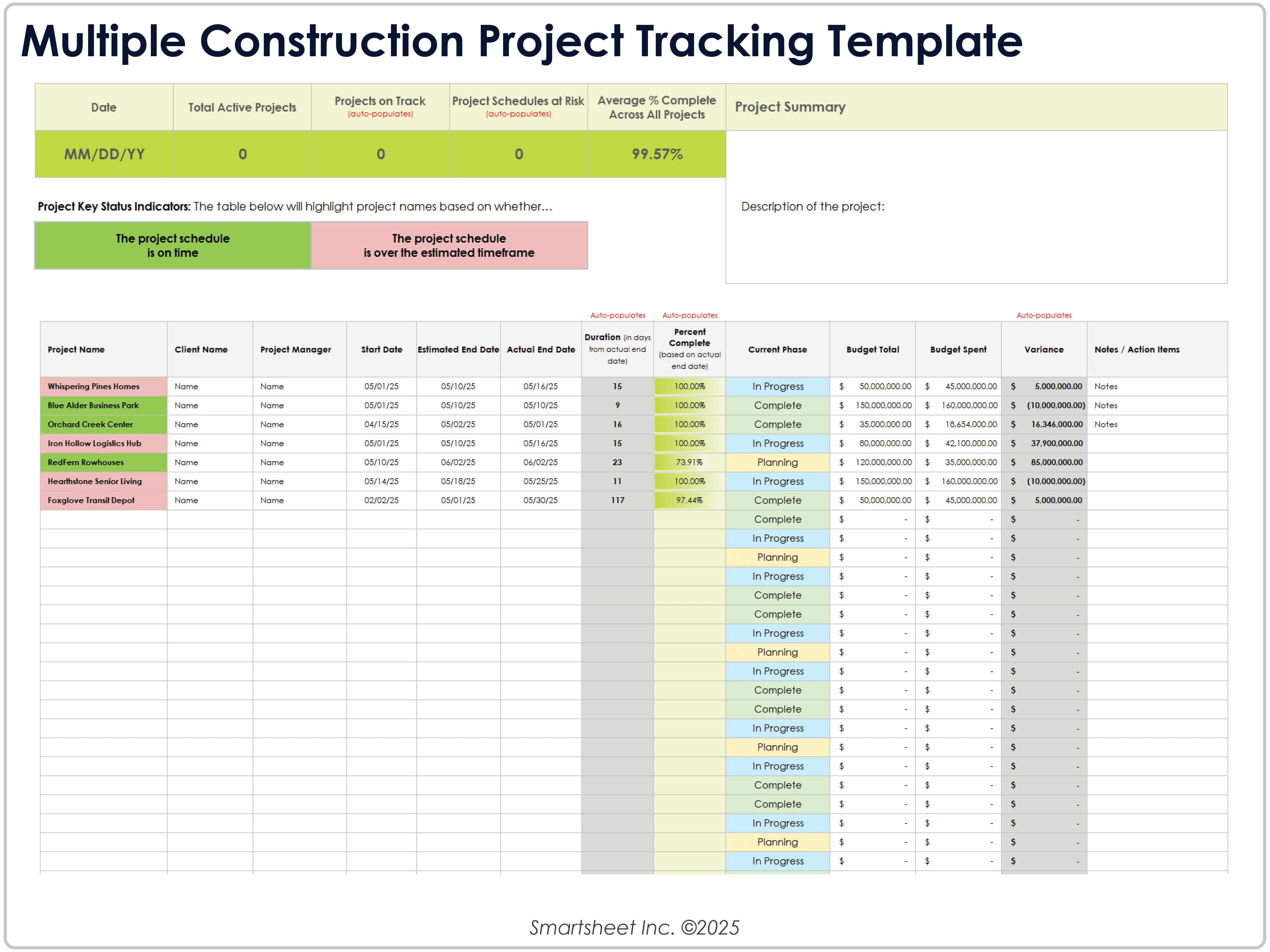 Multiple Construction Project Tracking Template