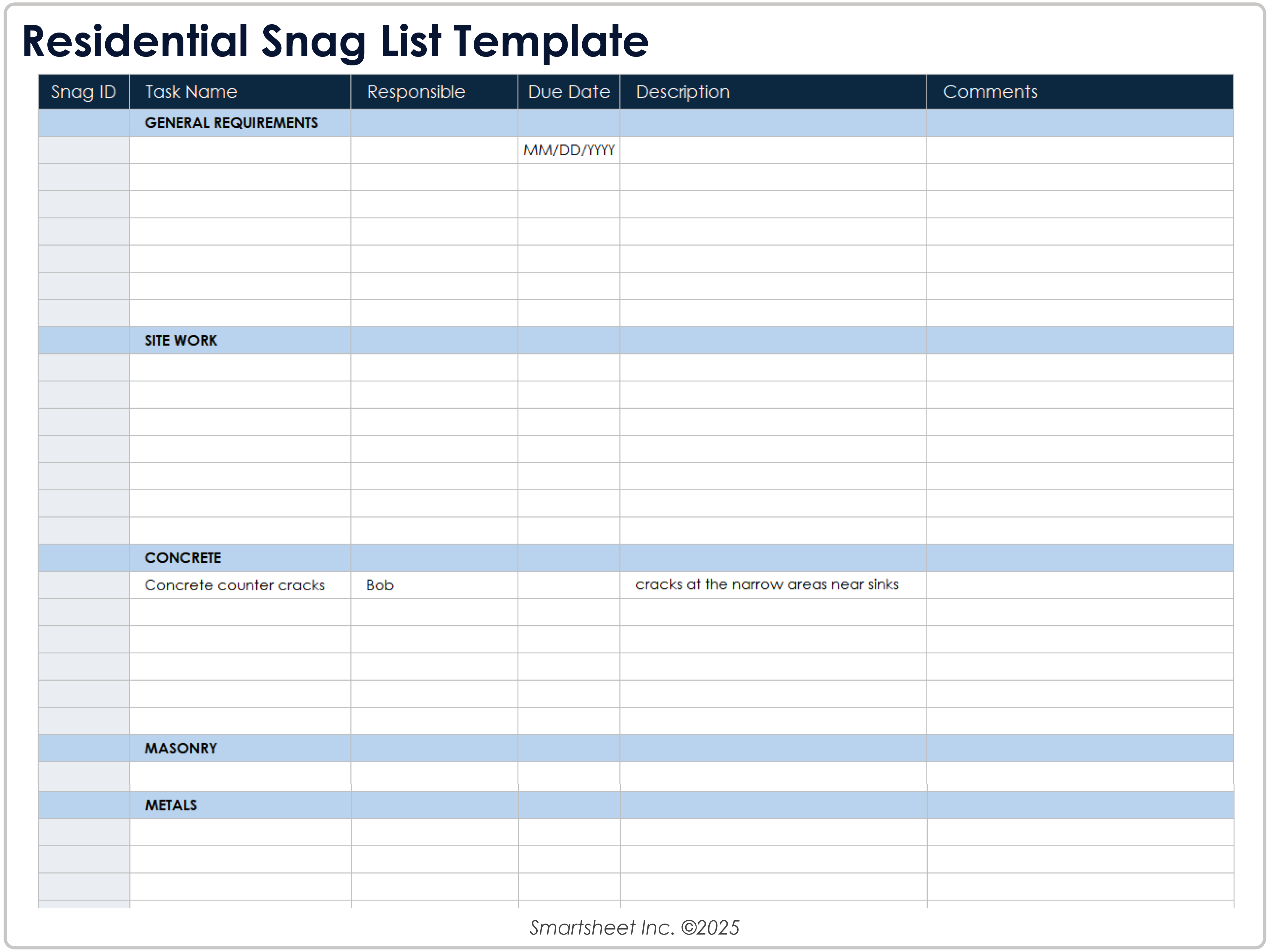Residential Snag List Template