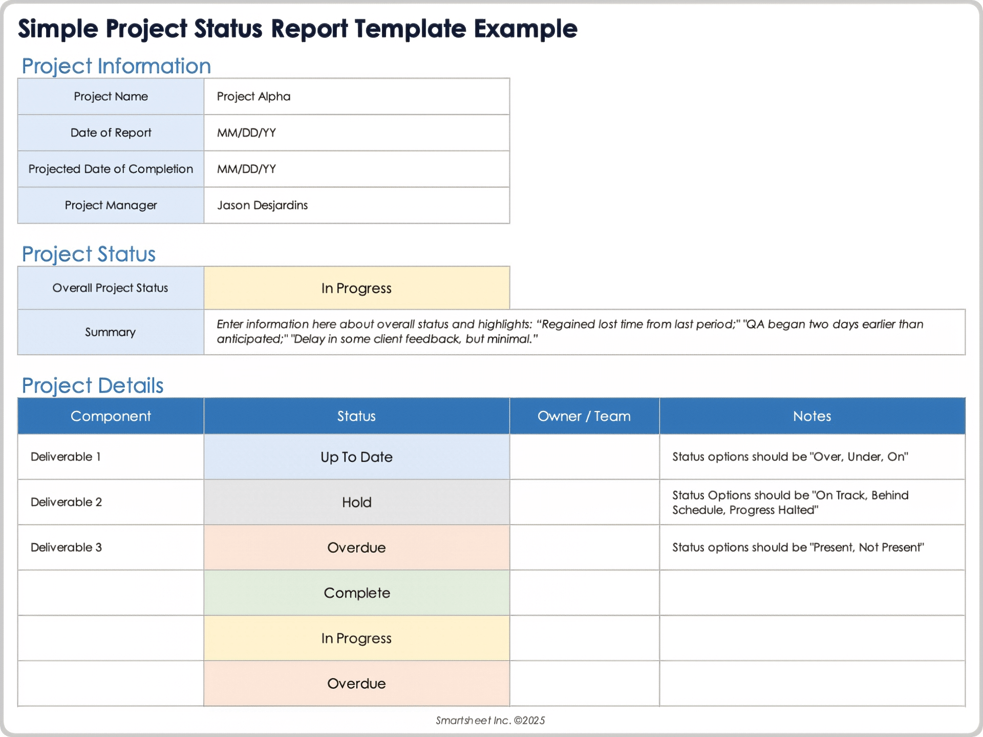 Simple Project Status Report Template Example