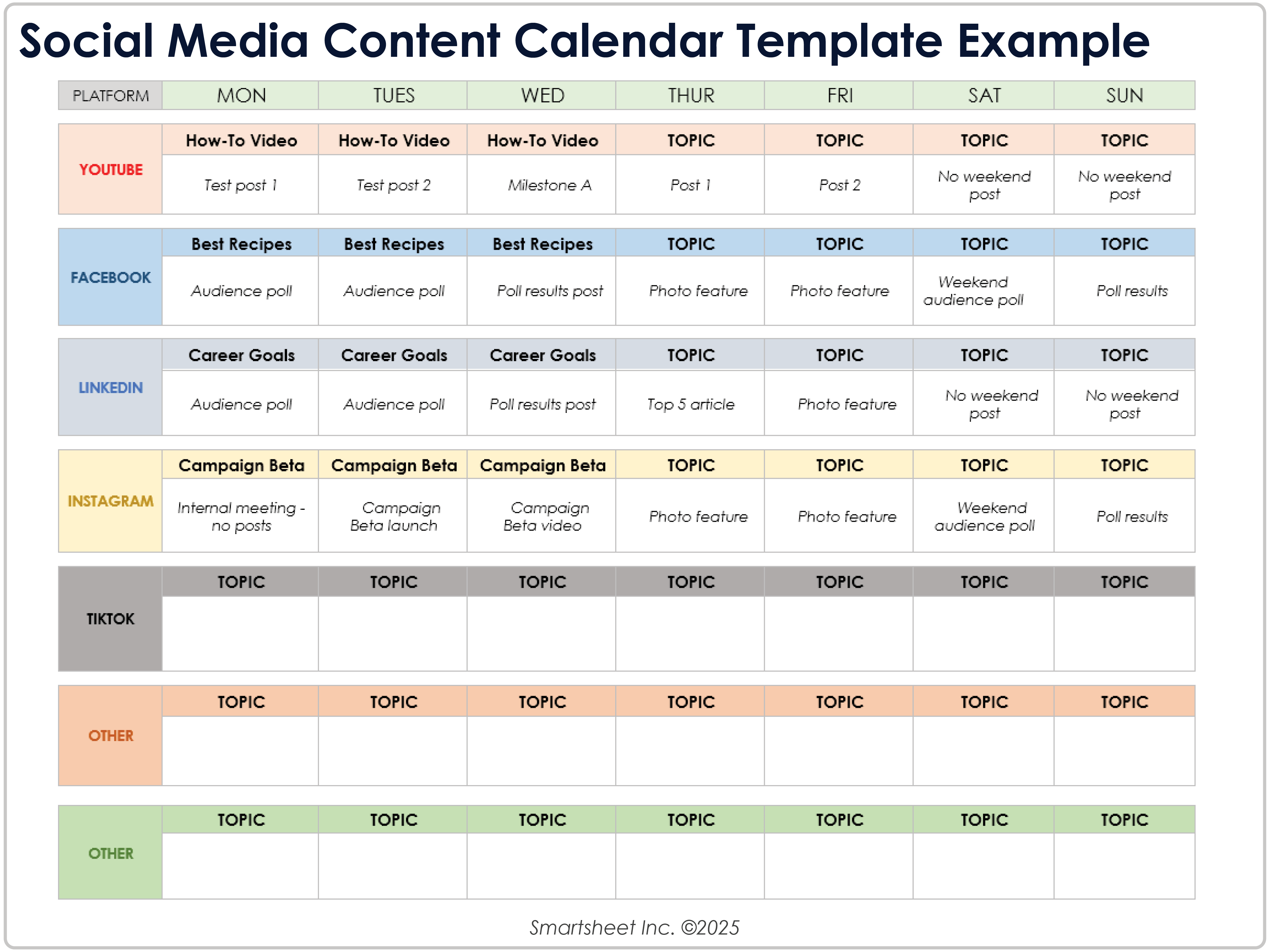 Social Media Content Calendar Template Example 8781