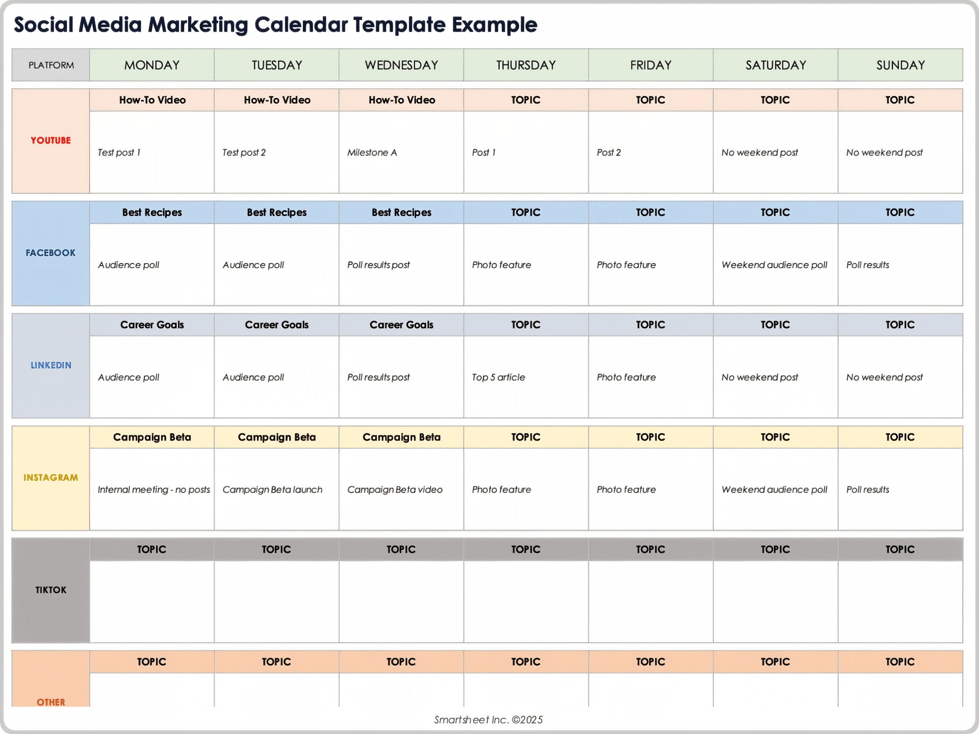 Social Media Marketing Calendar Template Example