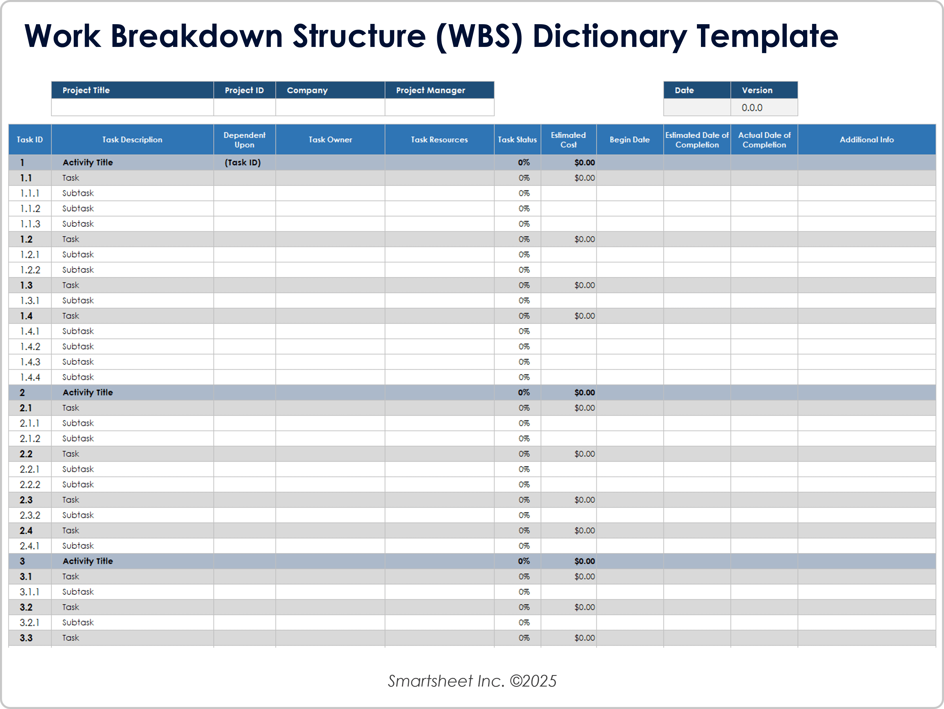 Work Breakdown Structure (WBS) Dictionary 8721 Template