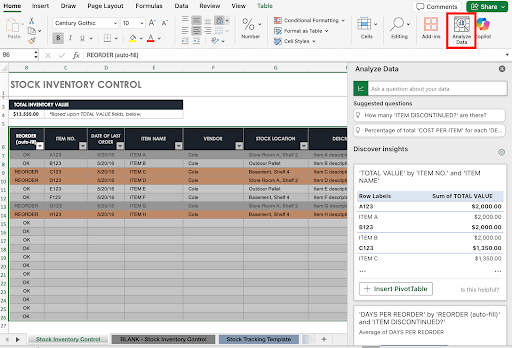 excel inventory analyze data