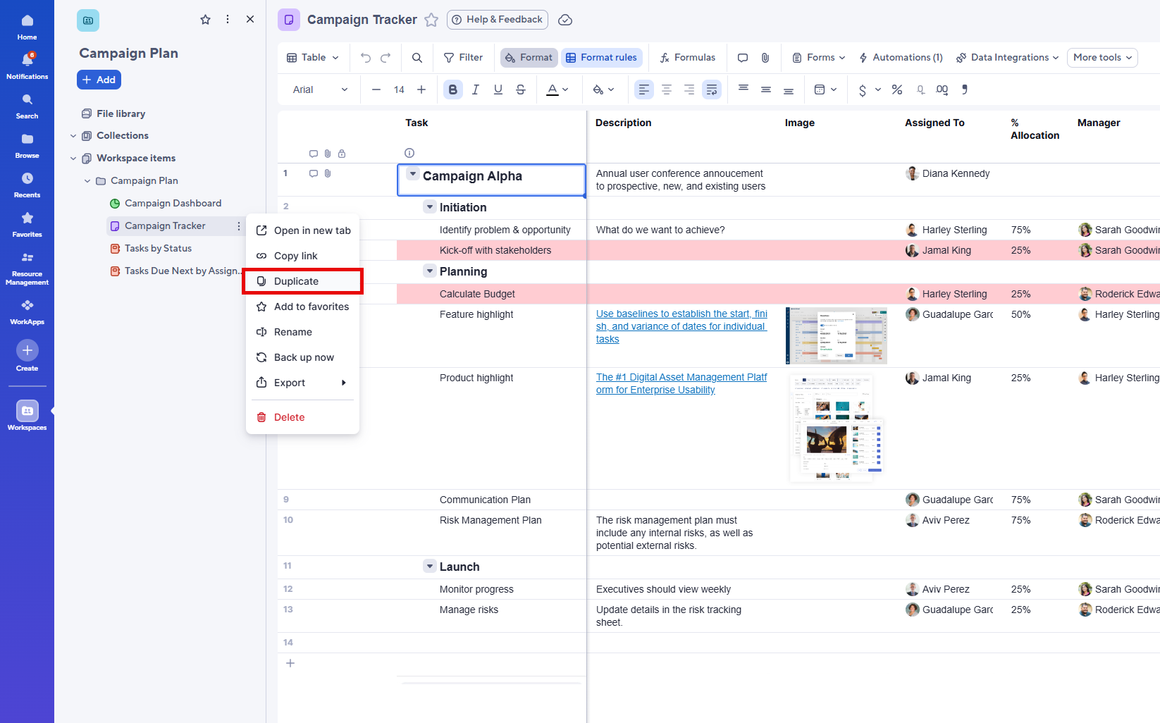 Duplication sheet from Workspace Navigation