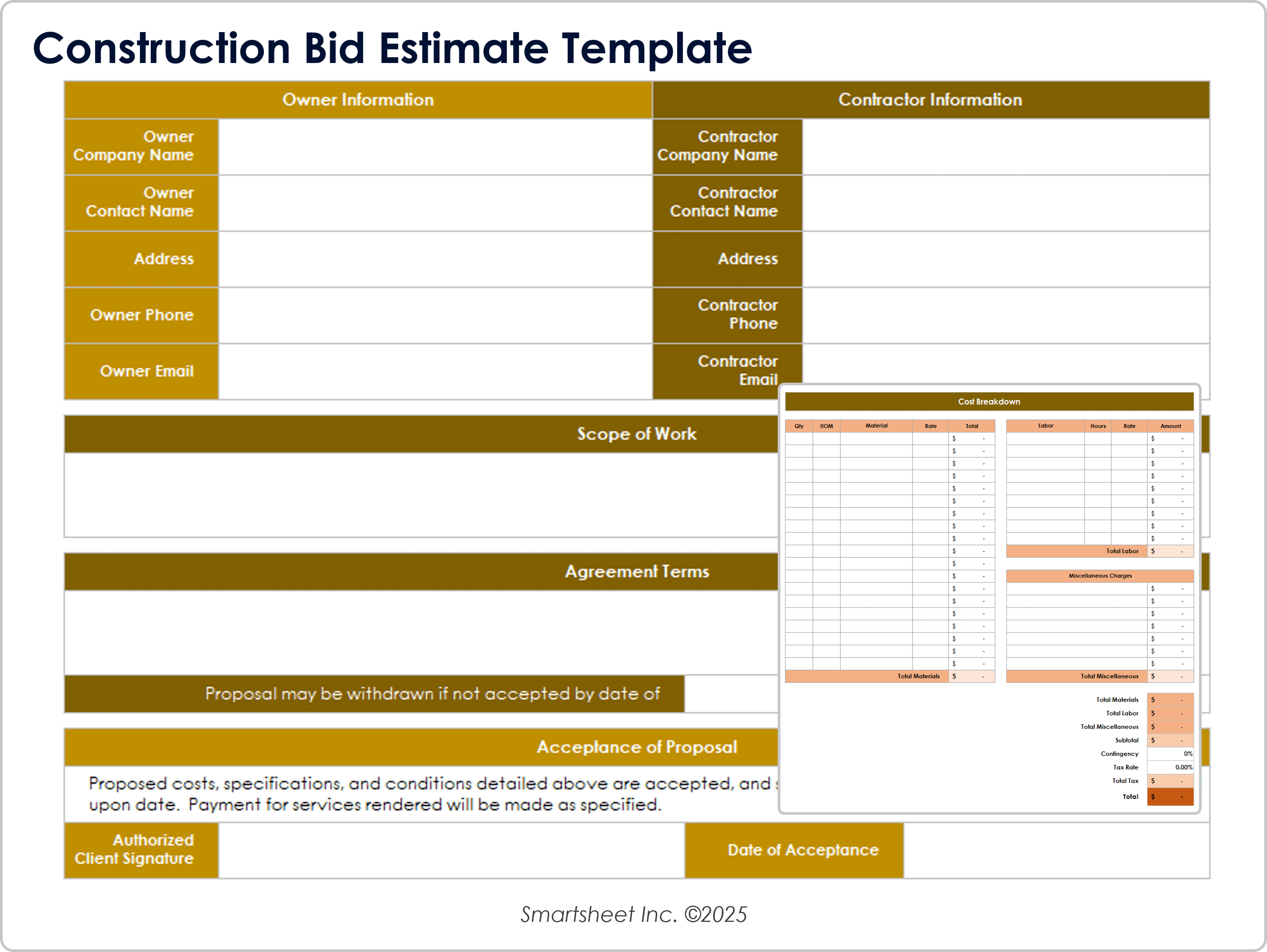 Construction Bid Estimate Template