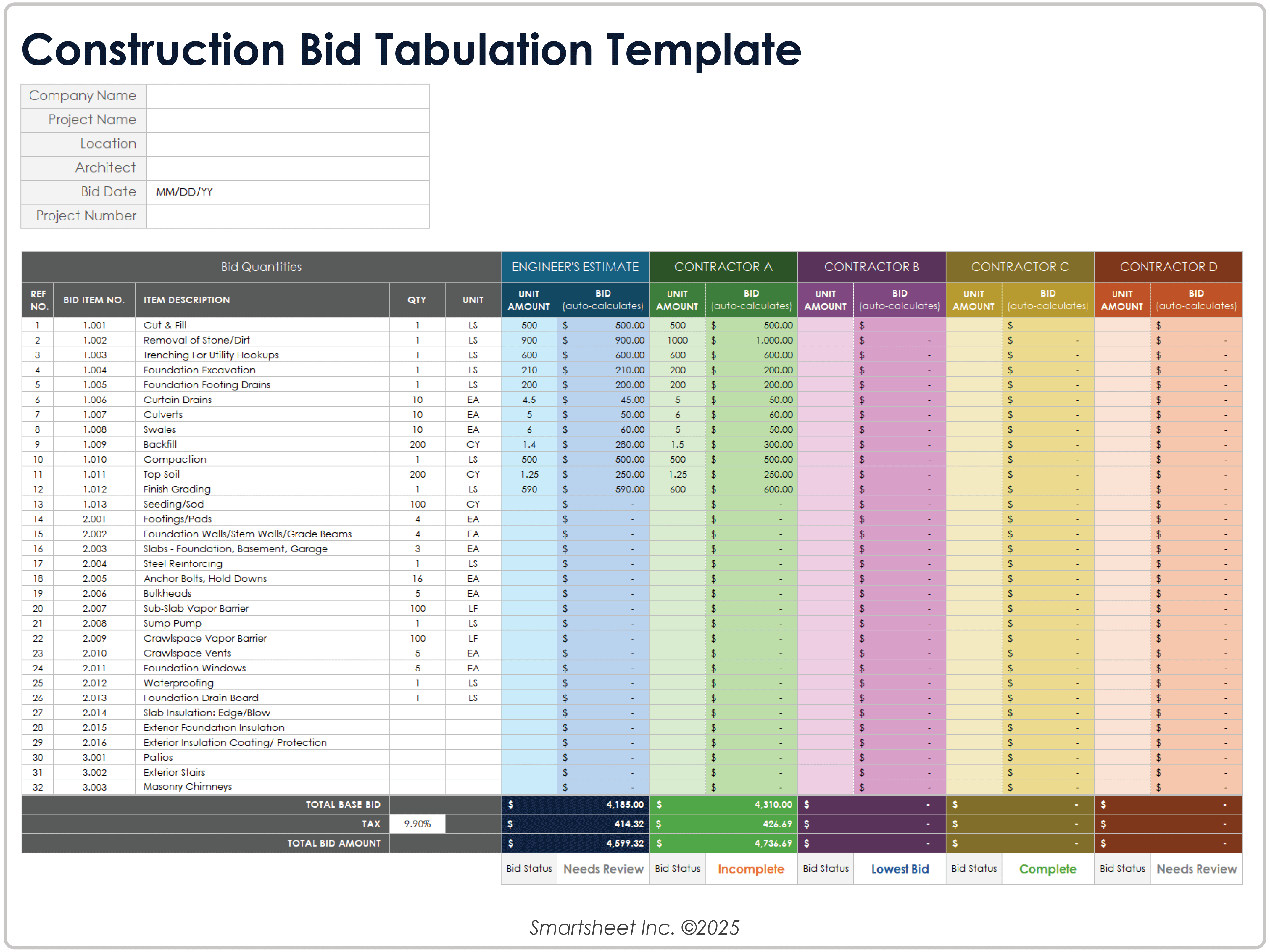 Construction Bid Tabulation Template