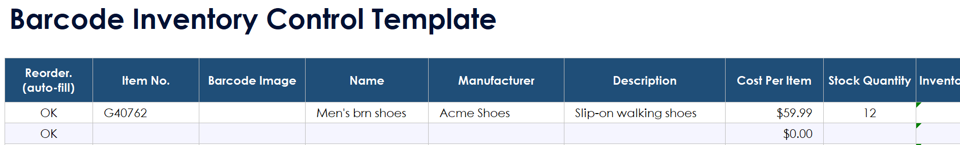 Excel Barcode Inventory Template Screen 2 c