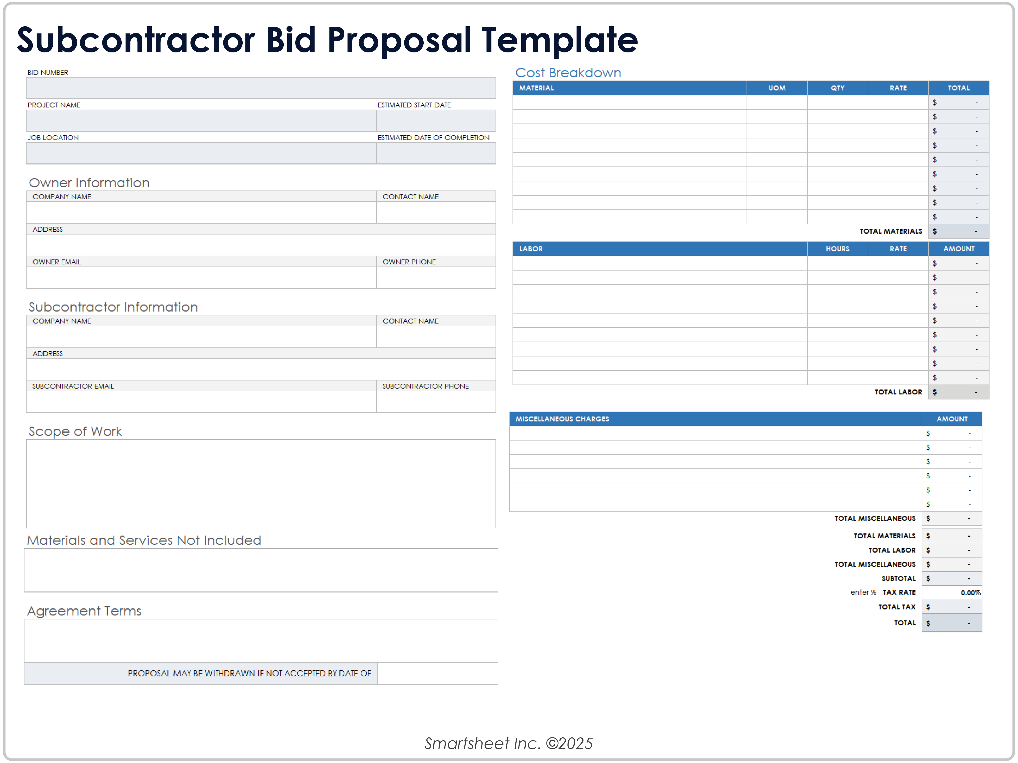 Subcontractor Bid Proposal 10670 Template