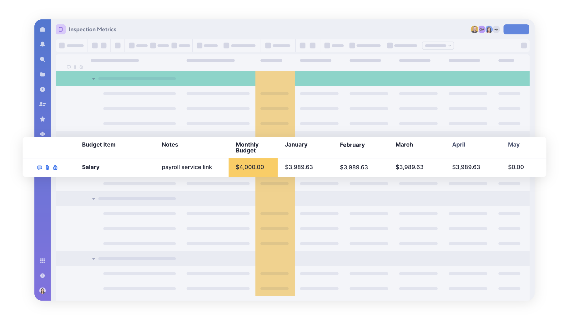 Smartsheet Services Delivery product screen, Inspection Metrics Sheet