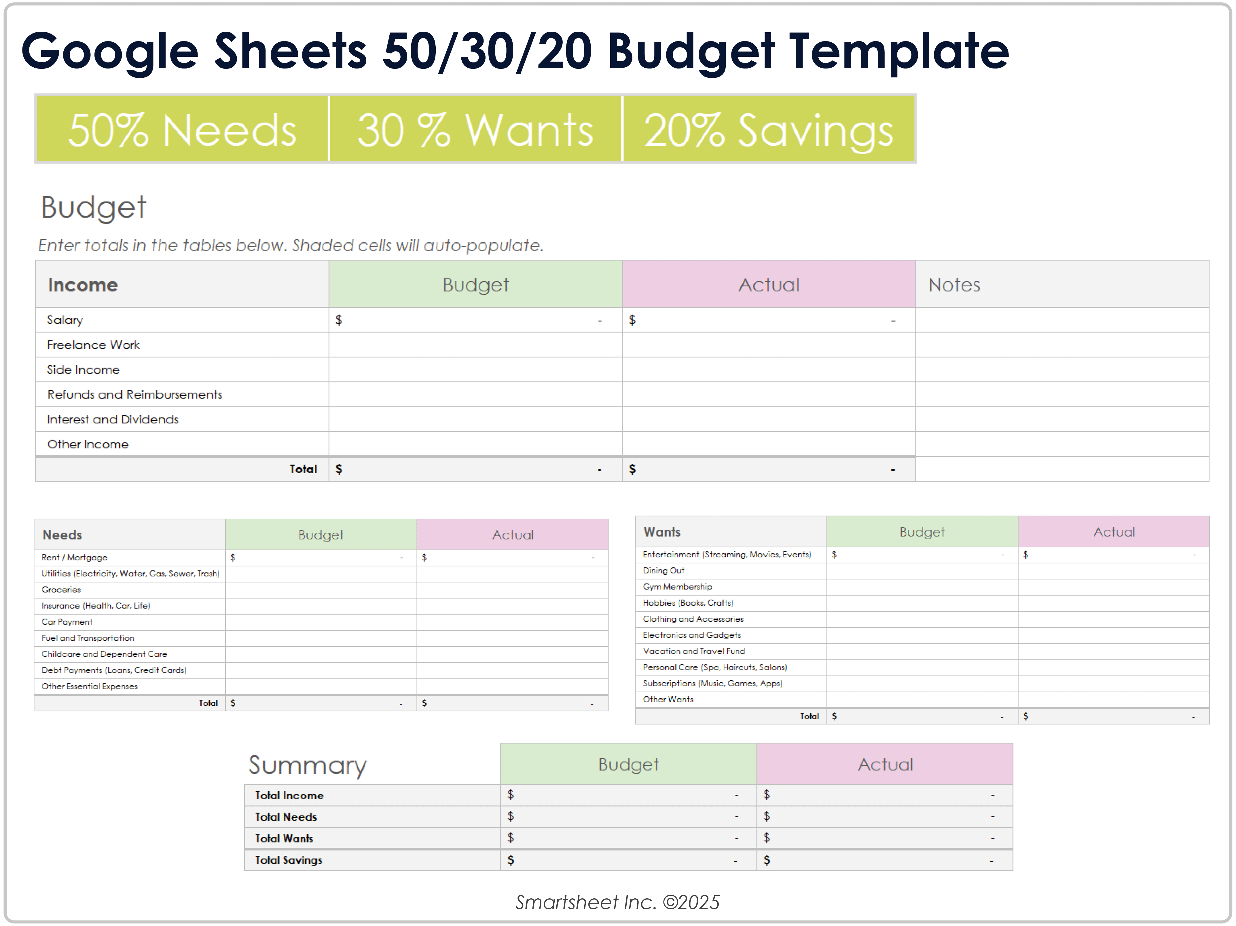 Google Sheets 50/30/20 Budget Template