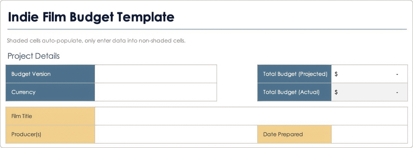 Indie Film Budget Template Project Details