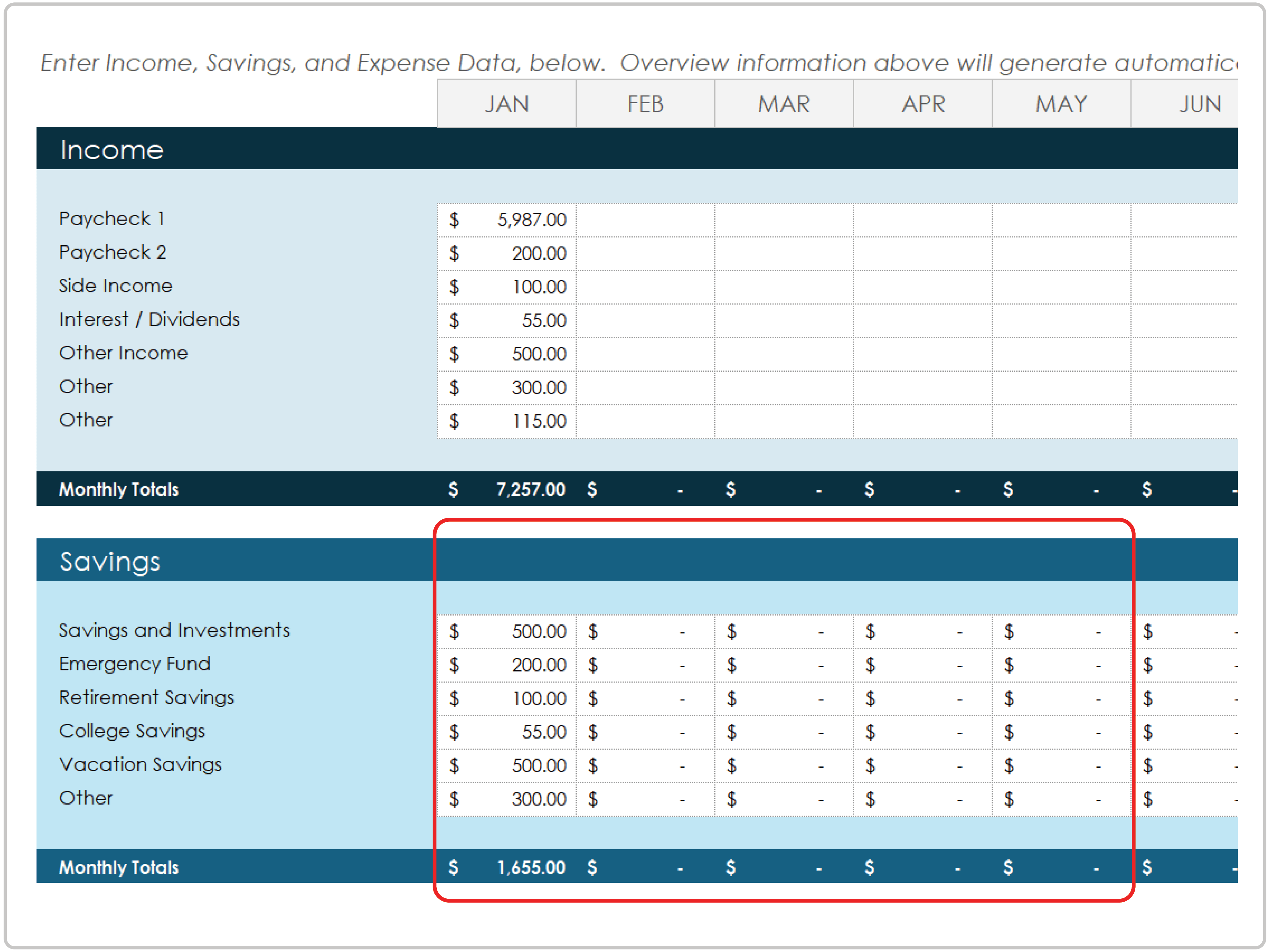 Personal Budget Template Monthly Savings