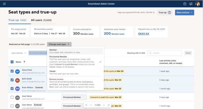 bulk seat upgrades to the 'Seat types and true-up' screen