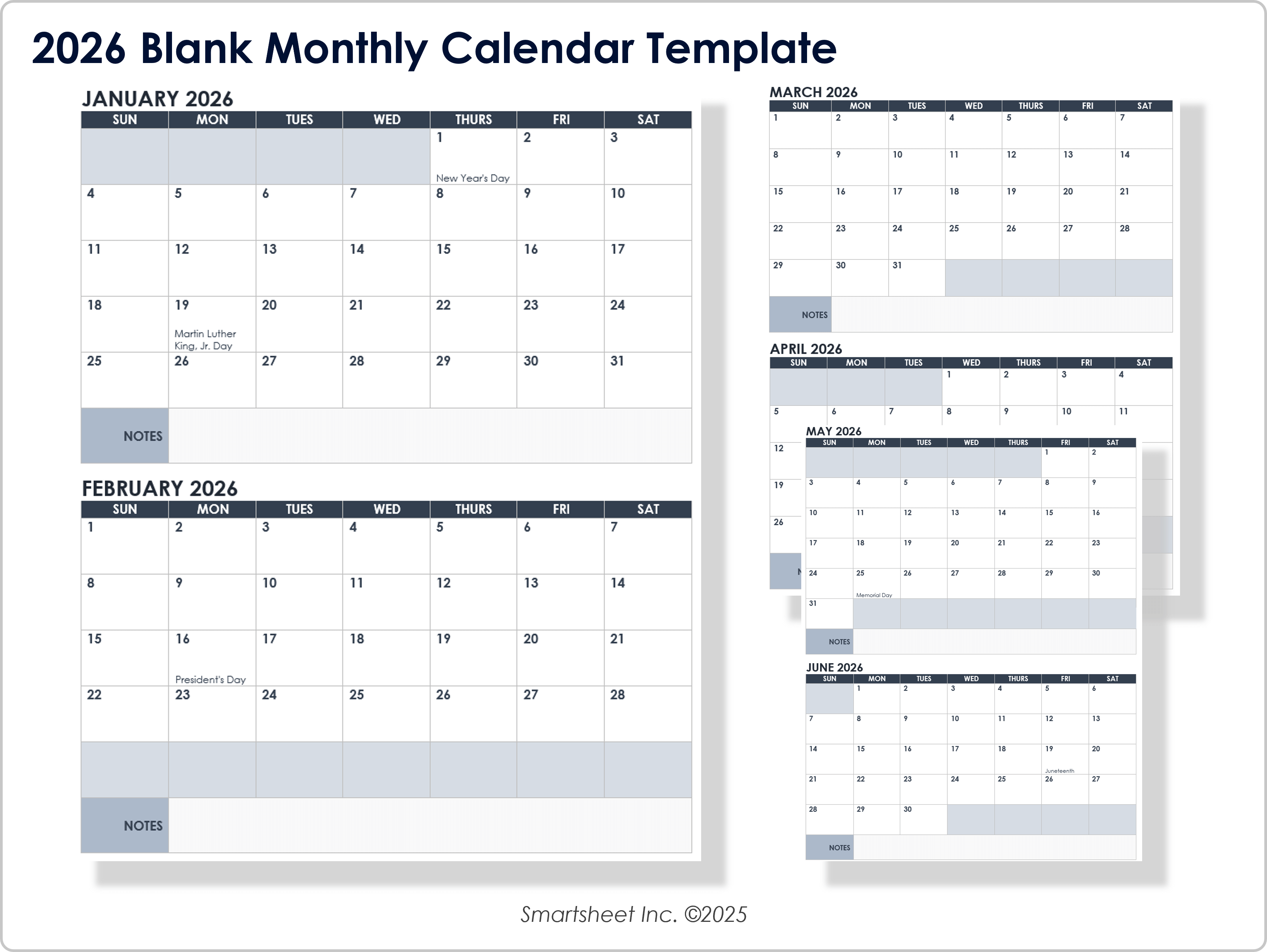 2026 Blank Monthly Calendar Template
