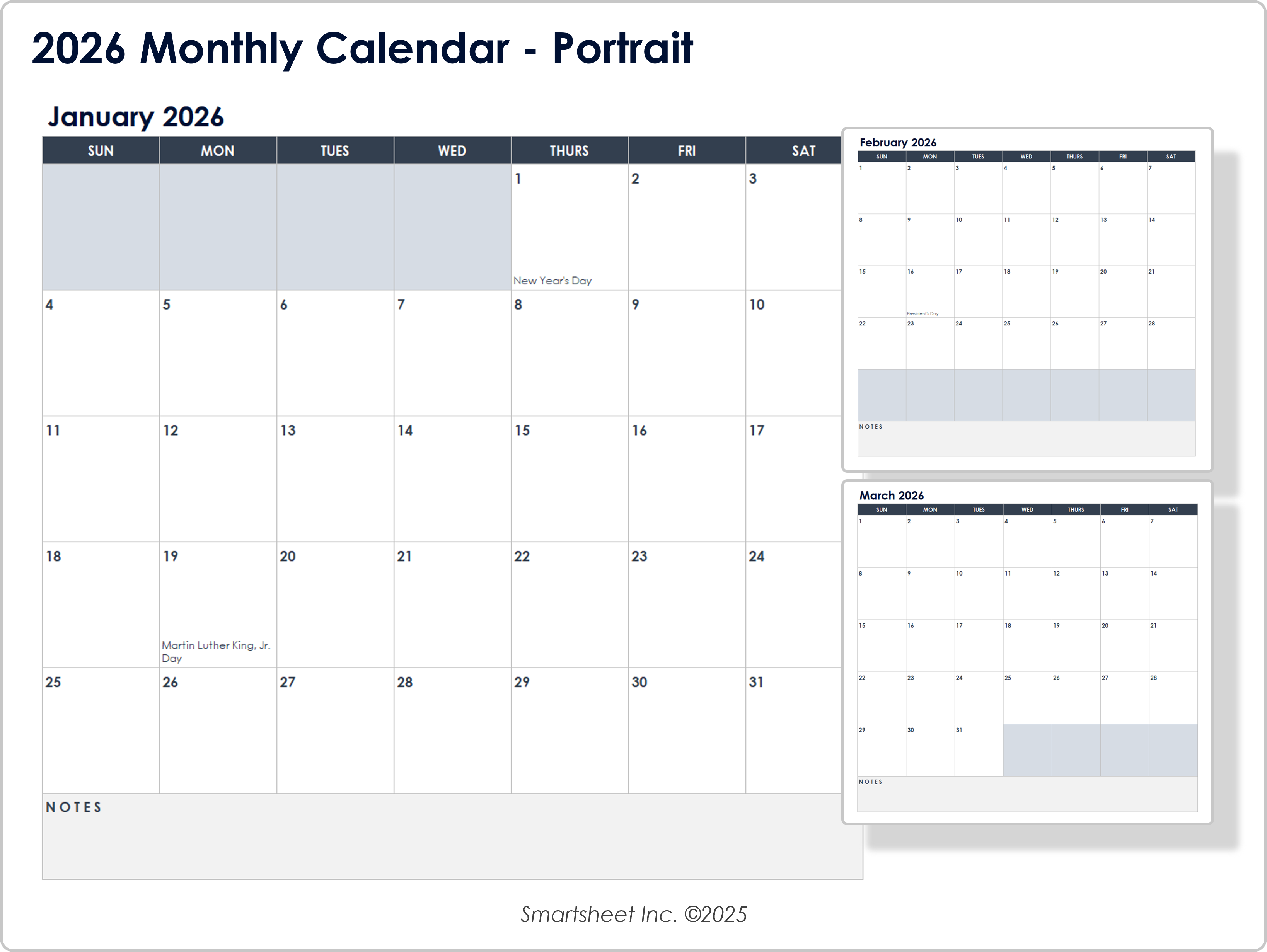 2026 Monthly Calendar Portrait