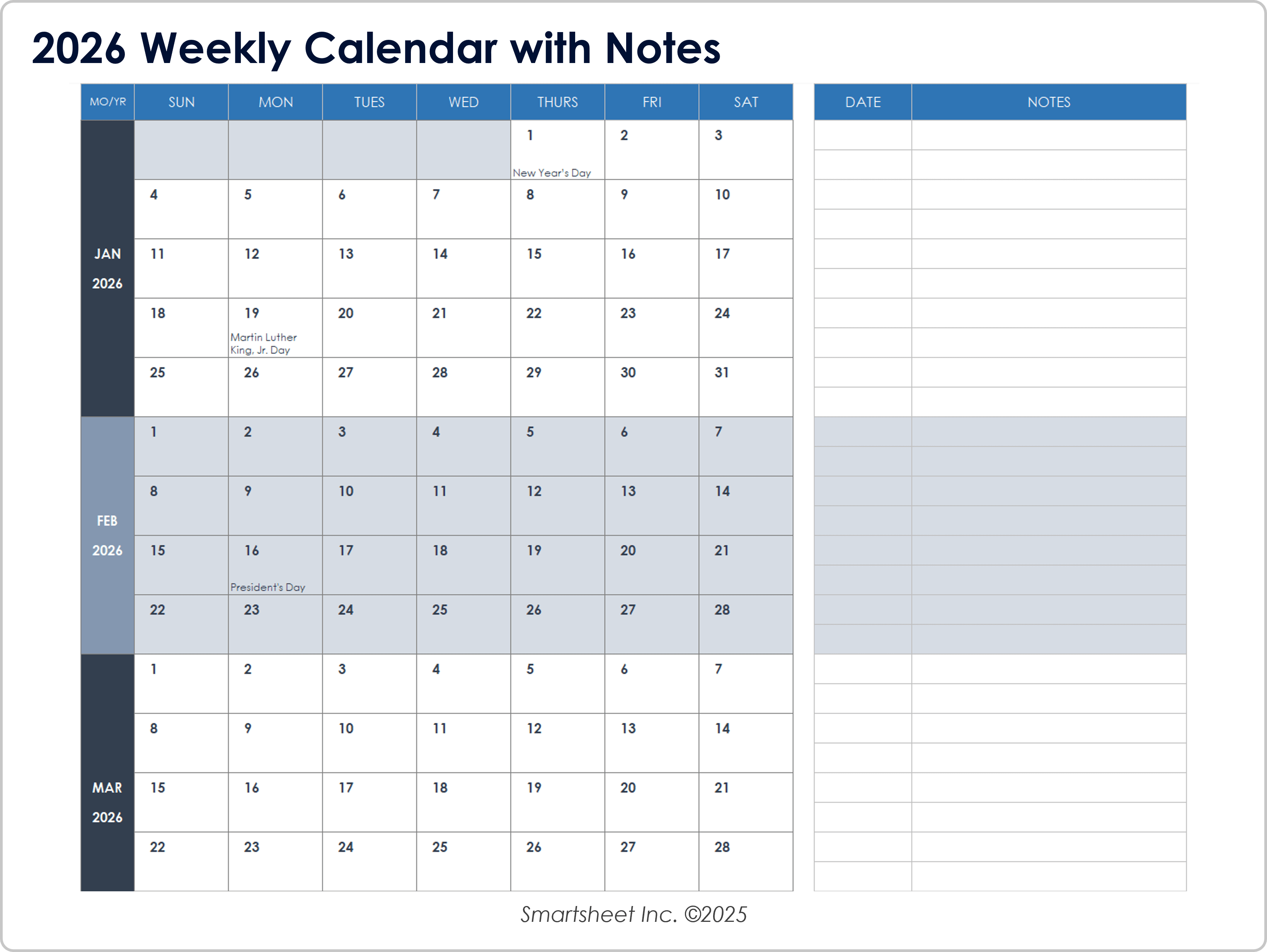 2026 Weekly Calendar with Notes