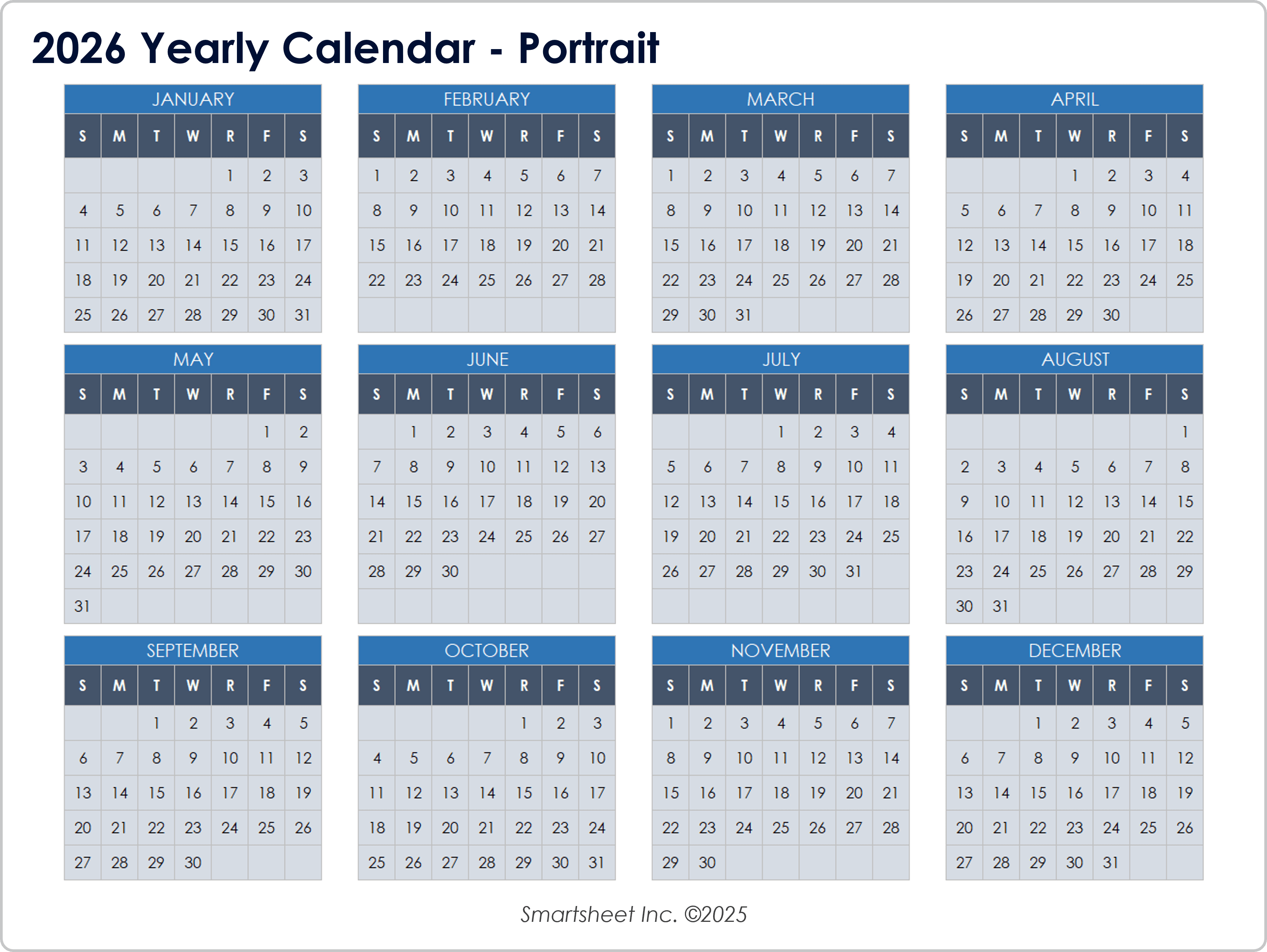 2026 Yearly Calendar Portrait