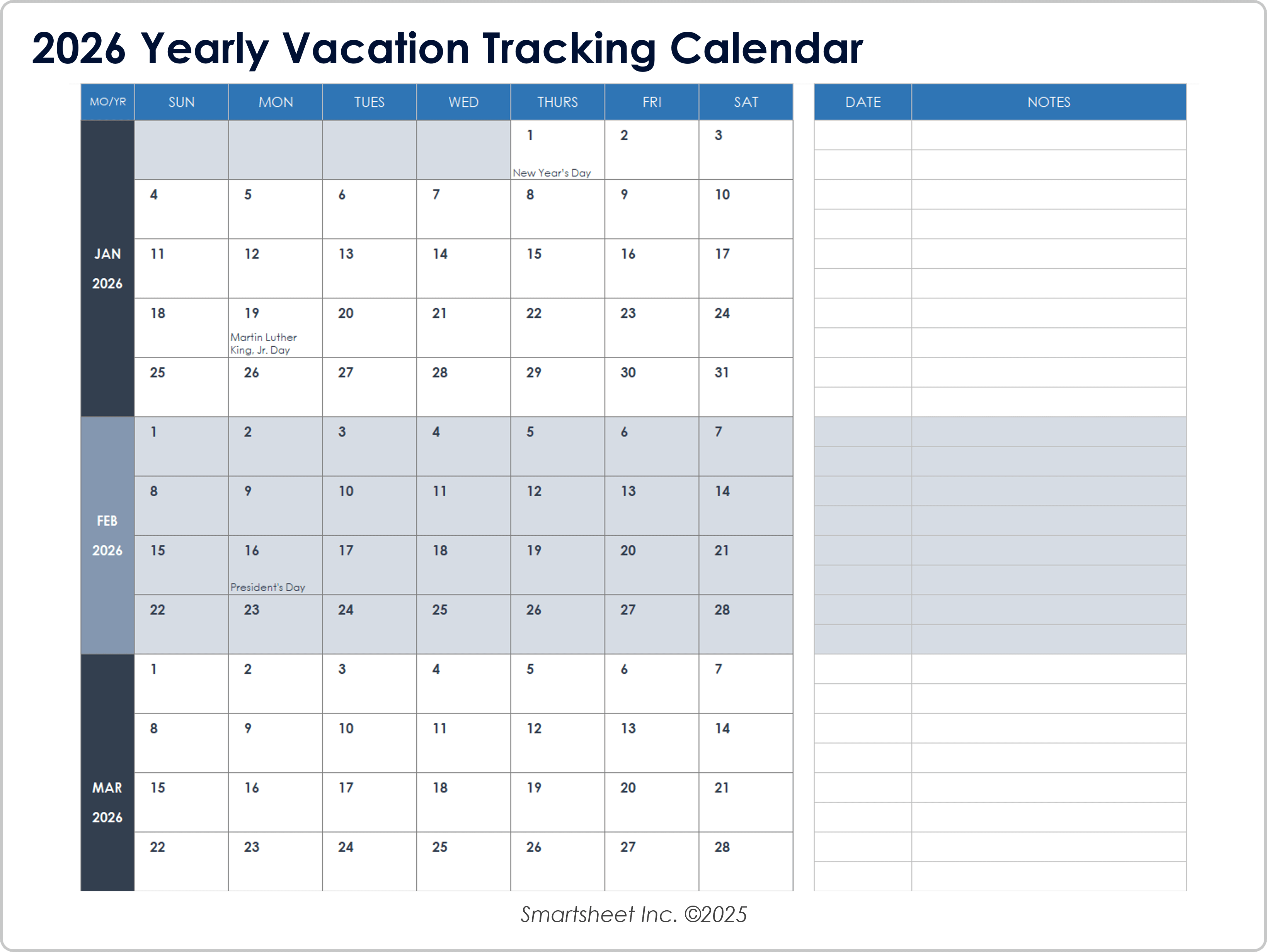 2026 Yearly Vacation Tracking Calendar