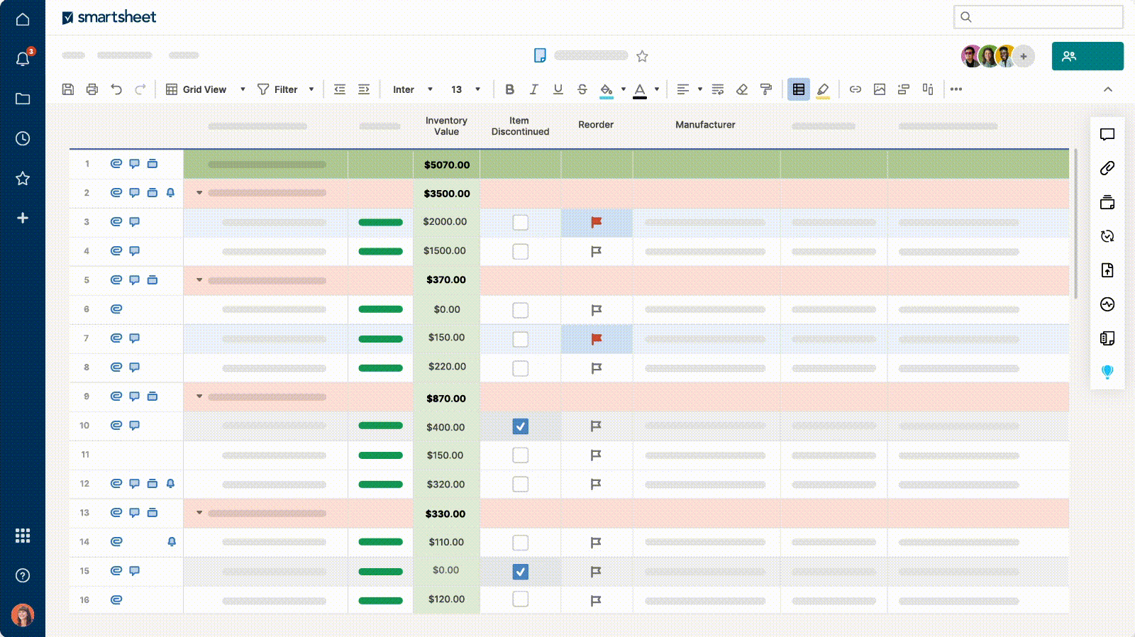 screenshot managing inventory using Smartsheet